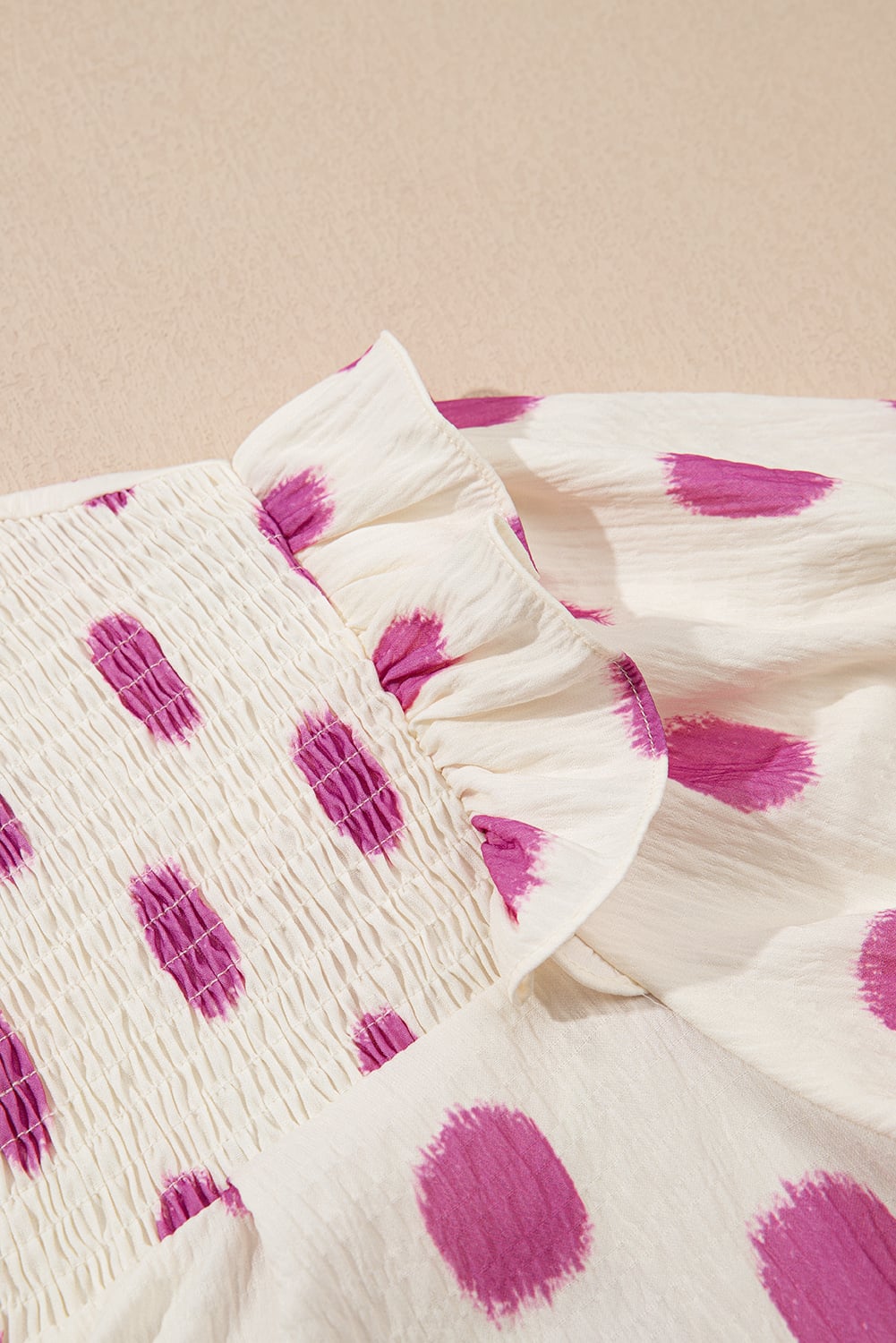 Rose Polka Dot Print Shirred Yoke Notched Neck Balloon Sleeve Blouse