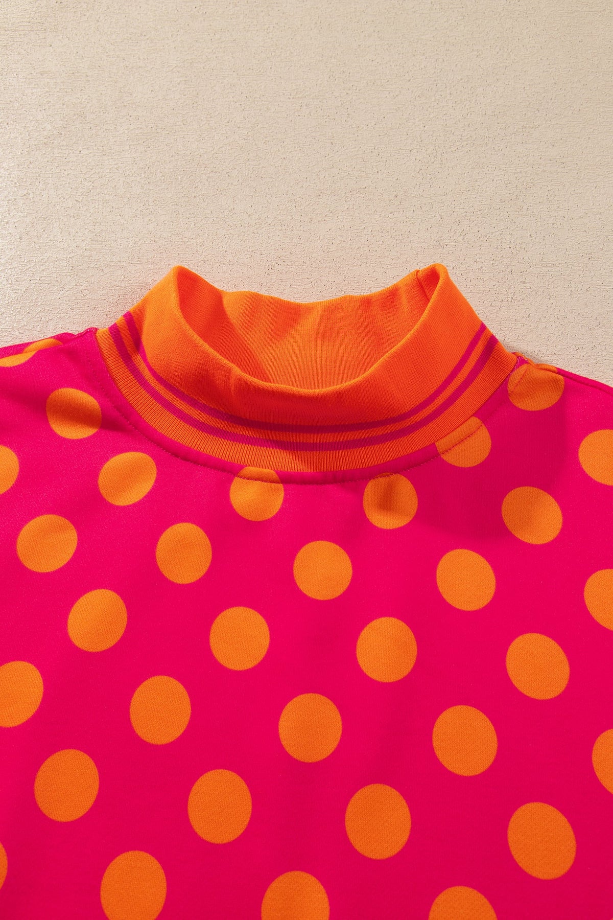 Rose Polka Dot Striped Trim Mock Neck Sweatshirt
