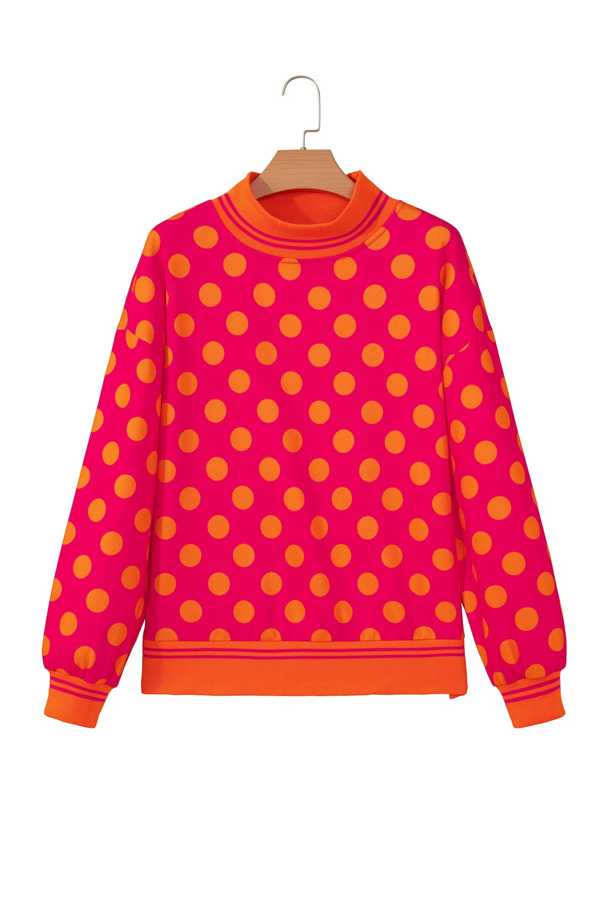 Rose Polka Dot Striped Trim Mock Neck Sweatshirt