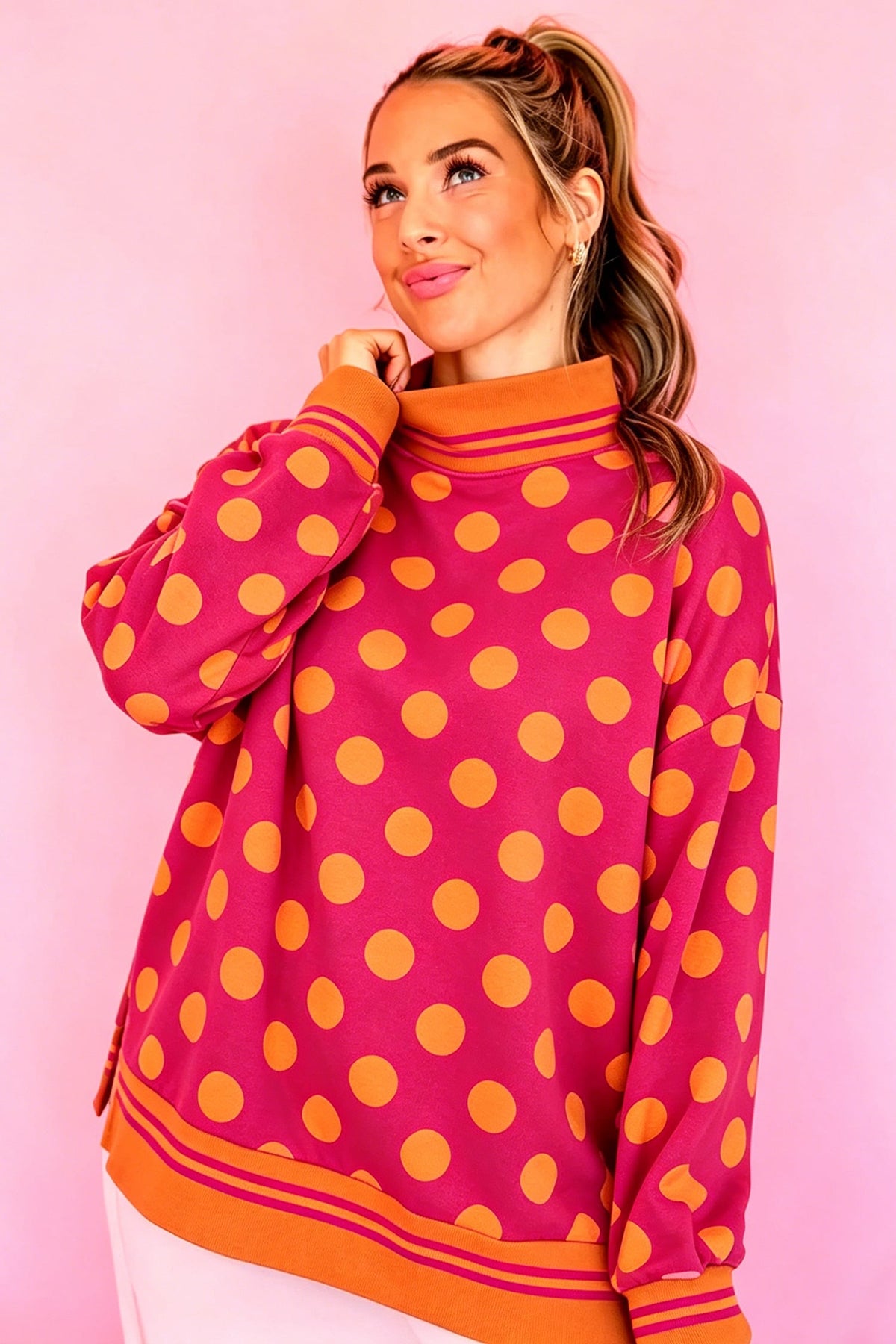 Rose Polka Dot Striped Trim Mock Neck Sweatshirt