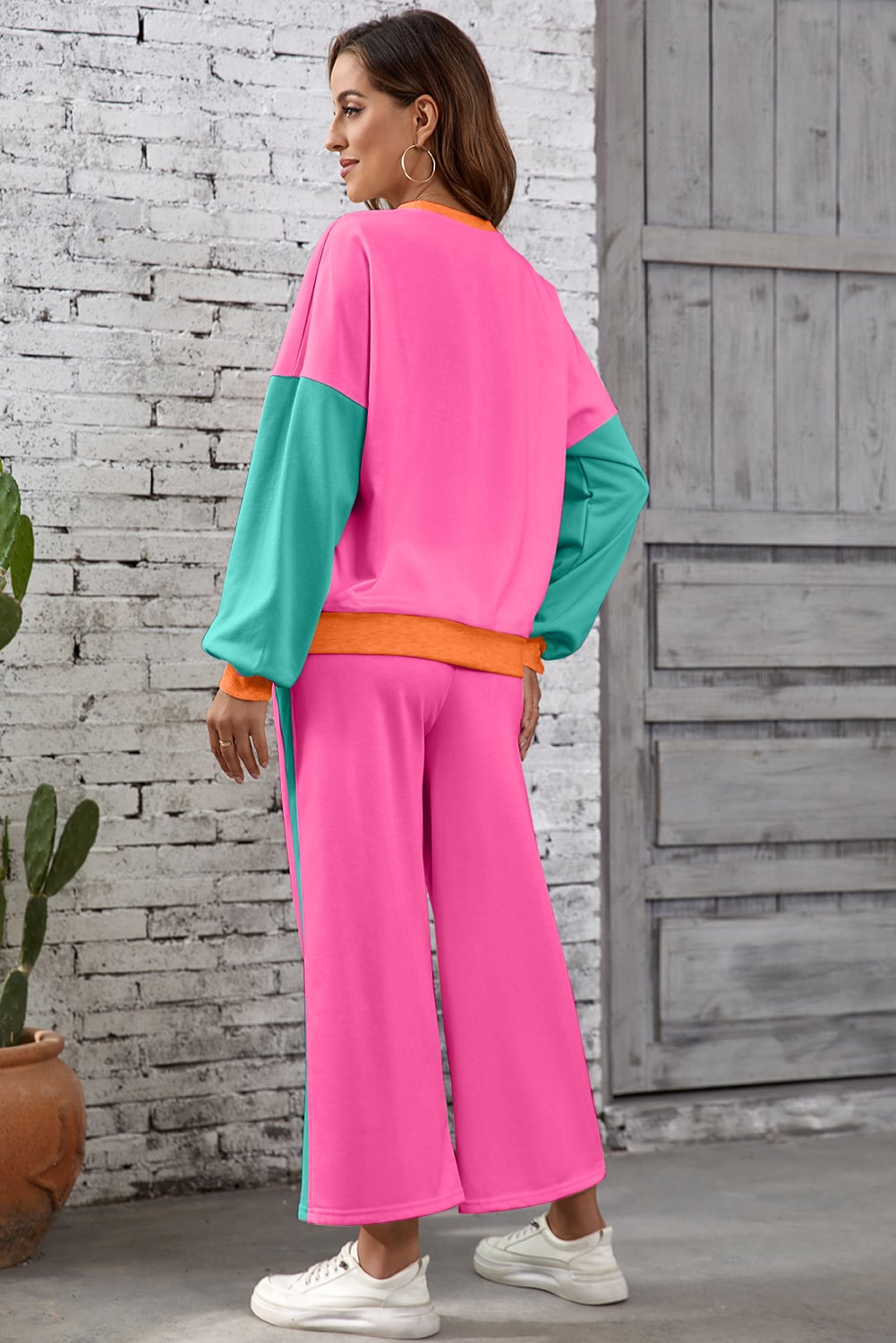 Rose Red 2pcs Color Block Pullover Loose Pant Set