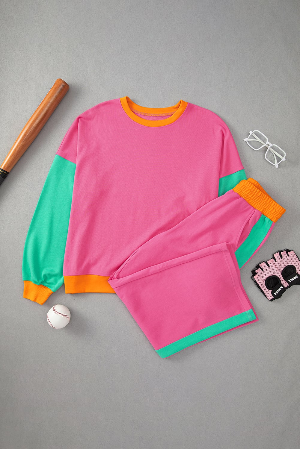 Rose Red 2pcs Color Block Pullover Loose Pant Set