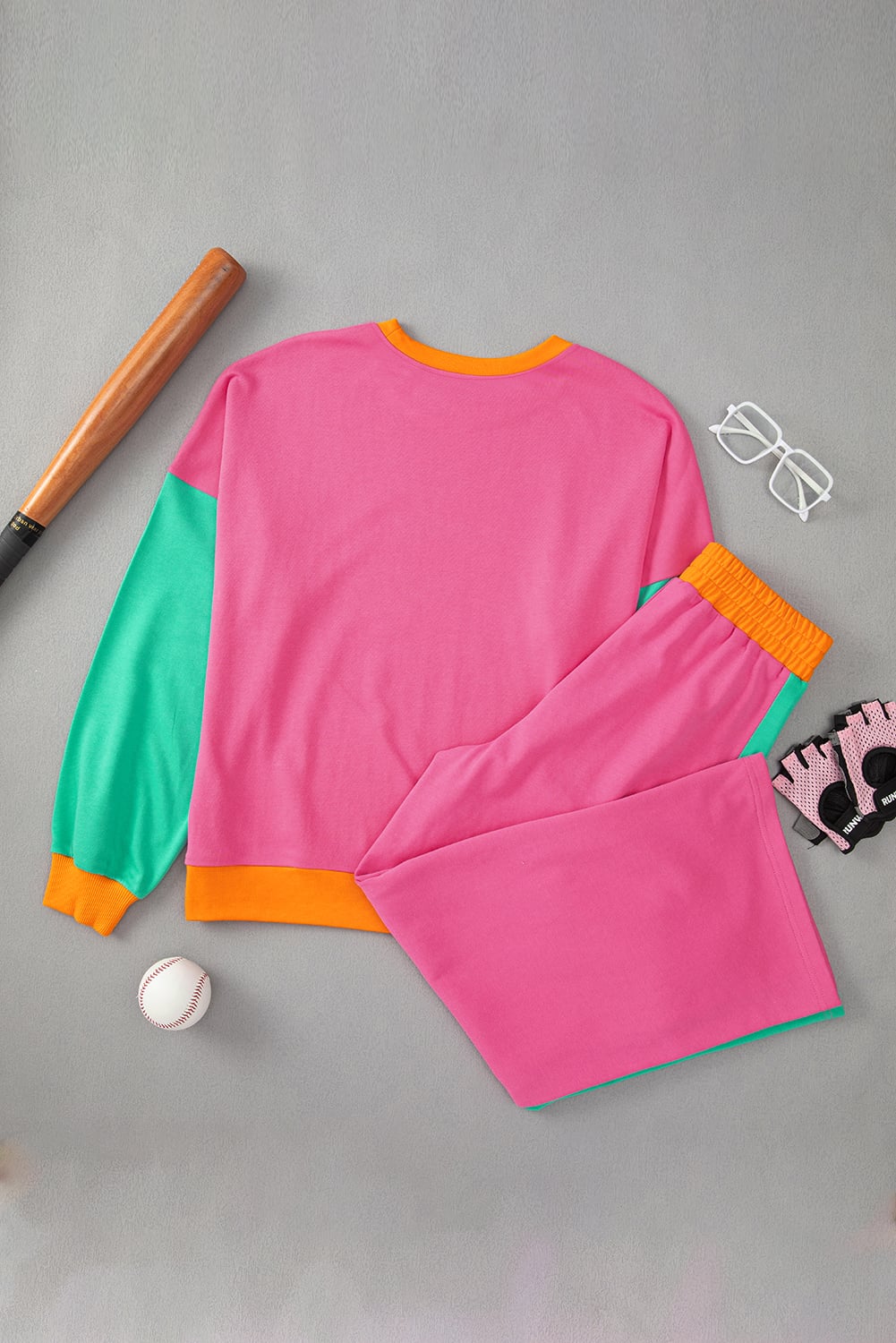 Rose Red 2pcs Color Block Pullover Loose Pant Set