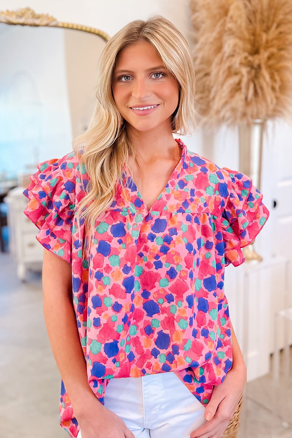 Rose Red Abstract Print Ruffled Sleeve V Neck Blouse