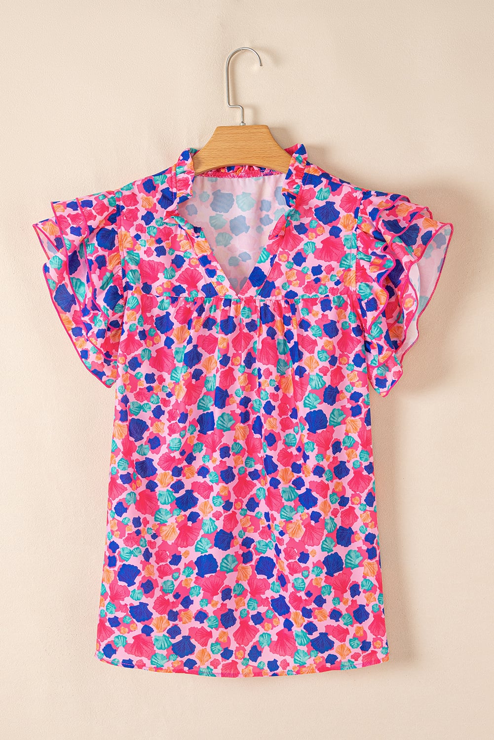Rose Red Abstract Print Ruffled Sleeve V Neck Blouse