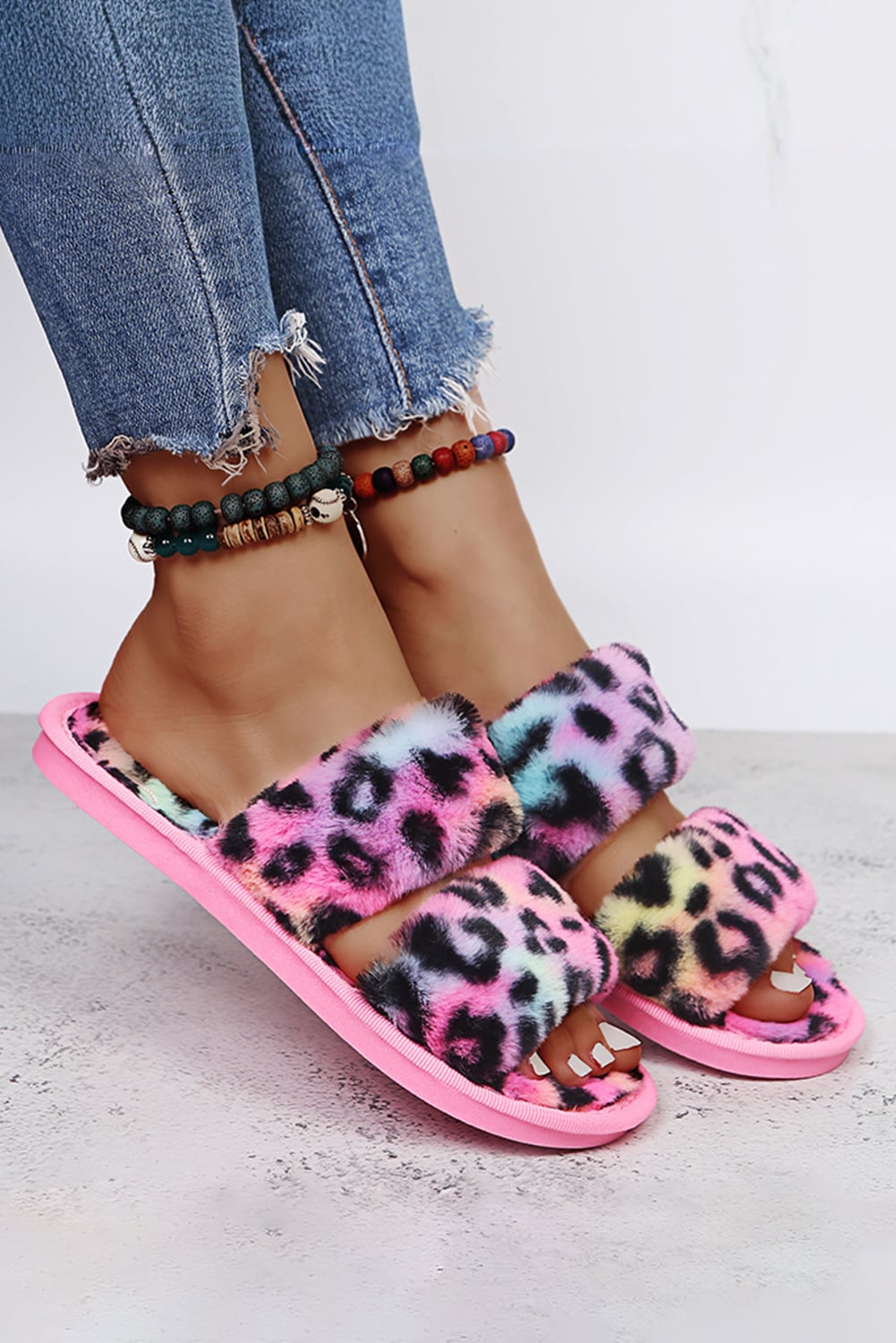 Rose Red Bold Plush Leopard Double Band Flat Slippers