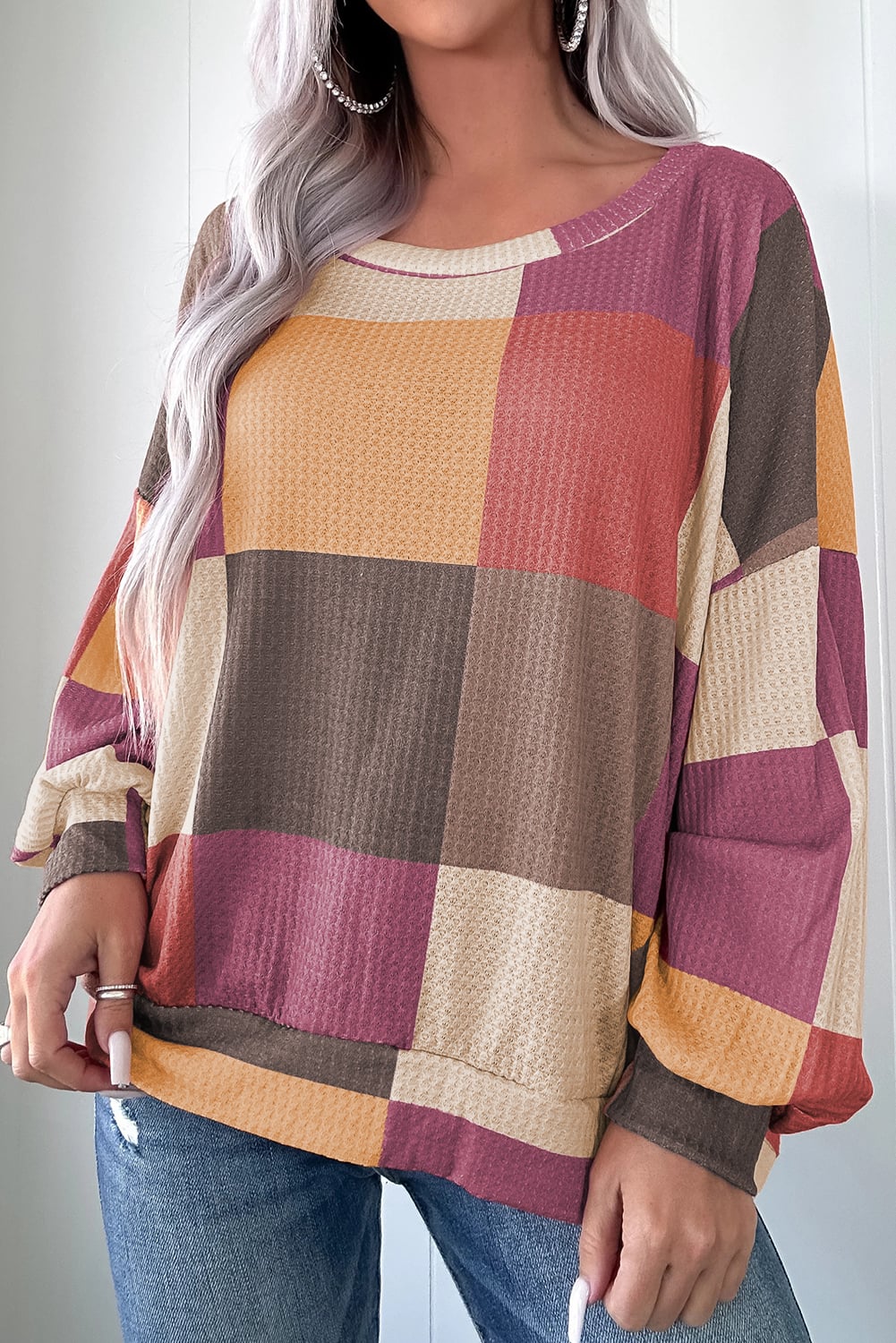 Rose Red Checkered Print Textured Knit Long Sleeve Loose Top