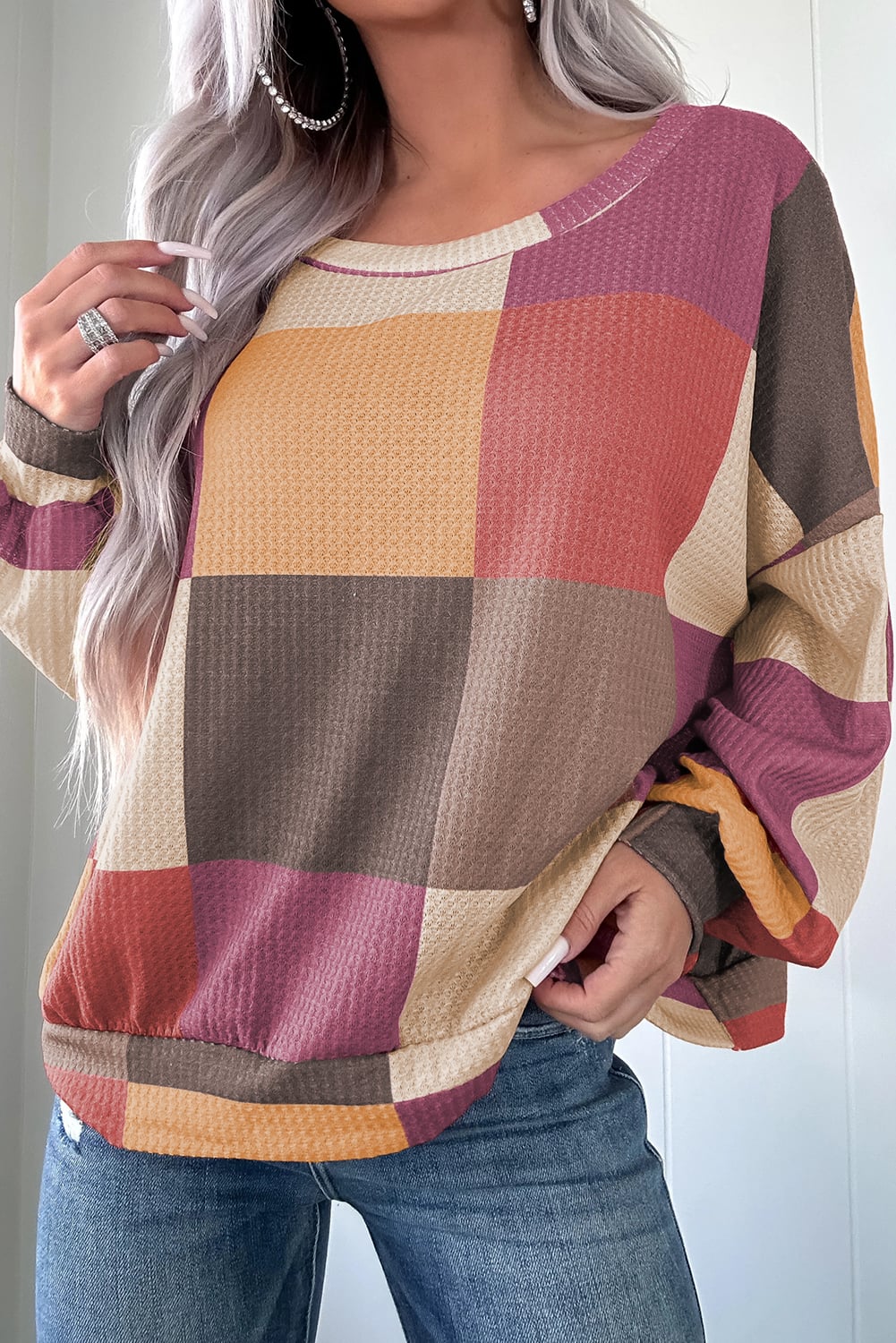 Rose Red Checkered Print Textured Knit Long Sleeve Loose Top