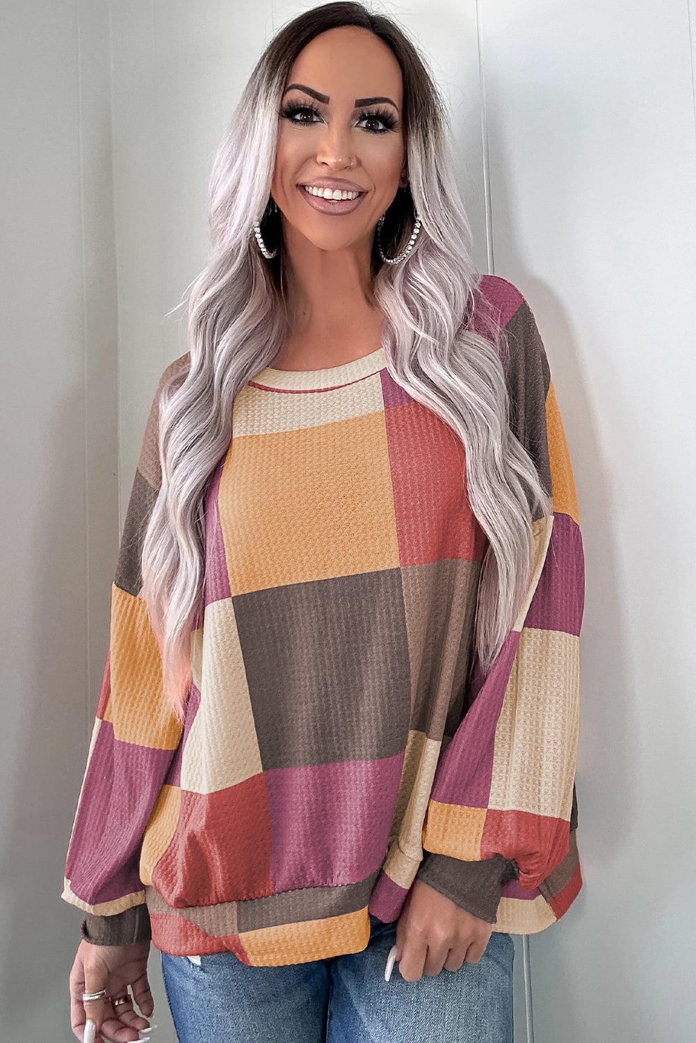 Rose Red Checkered Print Textured Knit Long Sleeve Loose Top