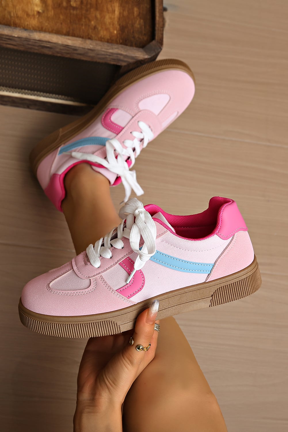 Rose Red Color Block PU Leather Patchwork Lace Up Flat Shoes