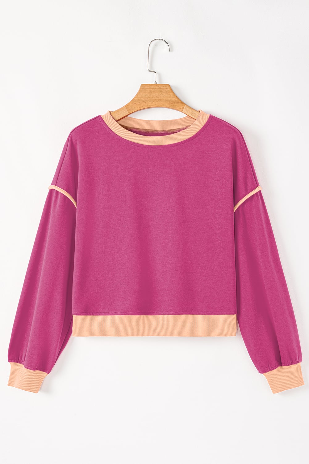 Rose Red Color Contrast Loose Pullover and Lace-up Waist Skort Set