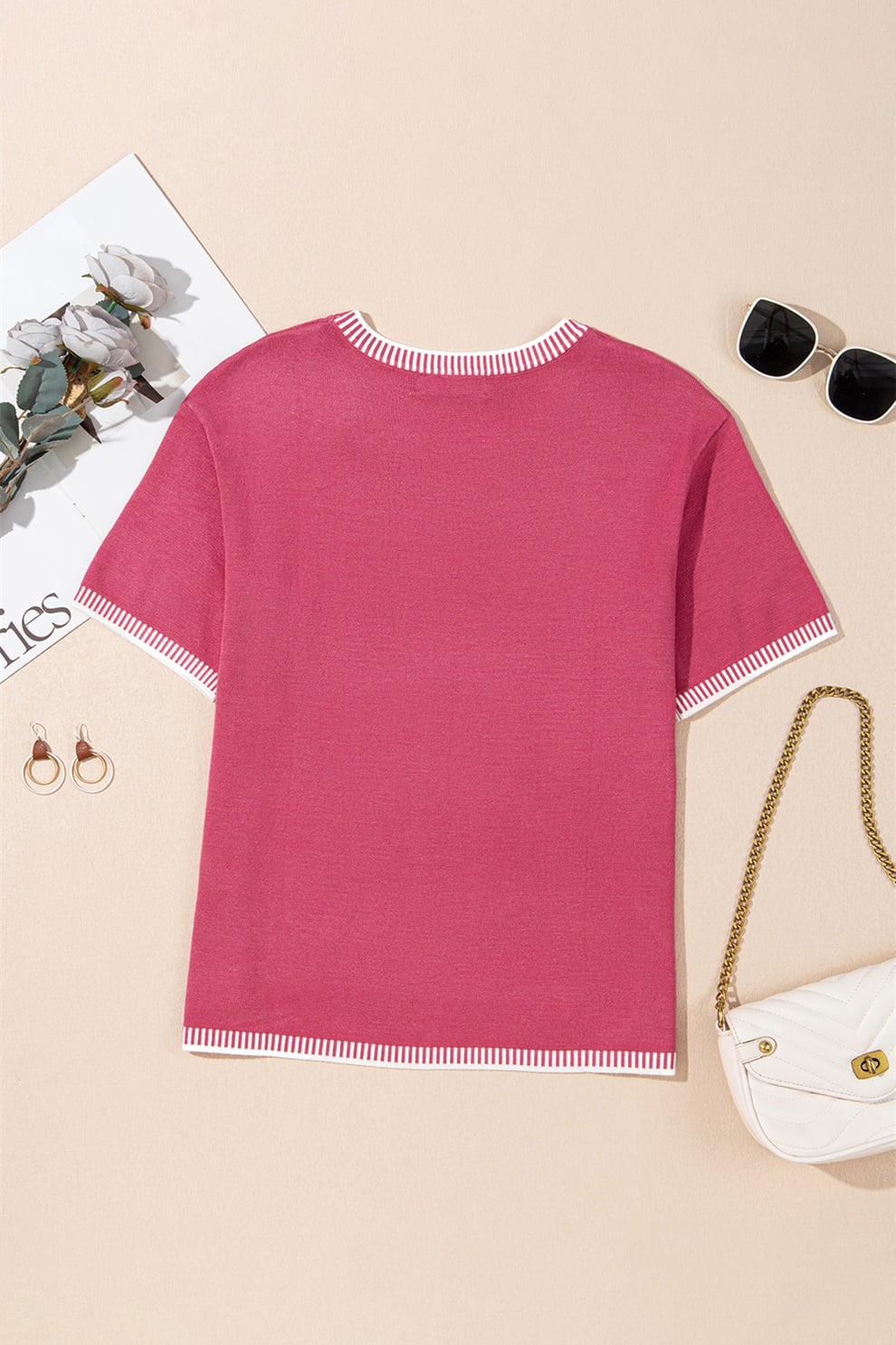 Rose Red Contrast Striped Trim Round Neck Half Sleeve Sweater