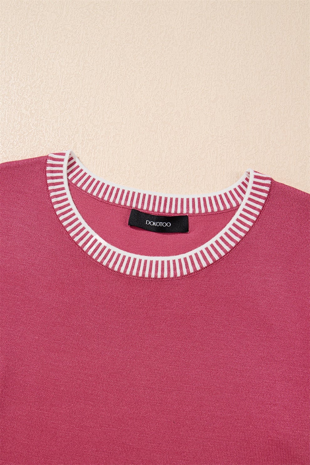 Rose Red Contrast Striped Trim Round Neck Half Sleeve Sweater