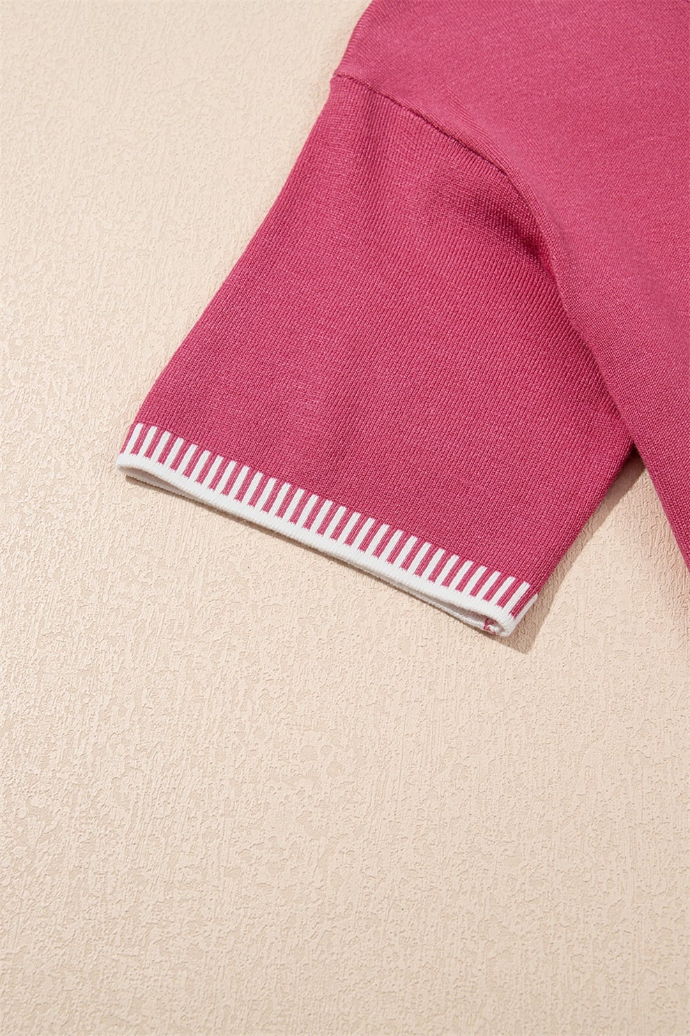 Rose Red Contrast Striped Trim Round Neck Half Sleeve Sweater