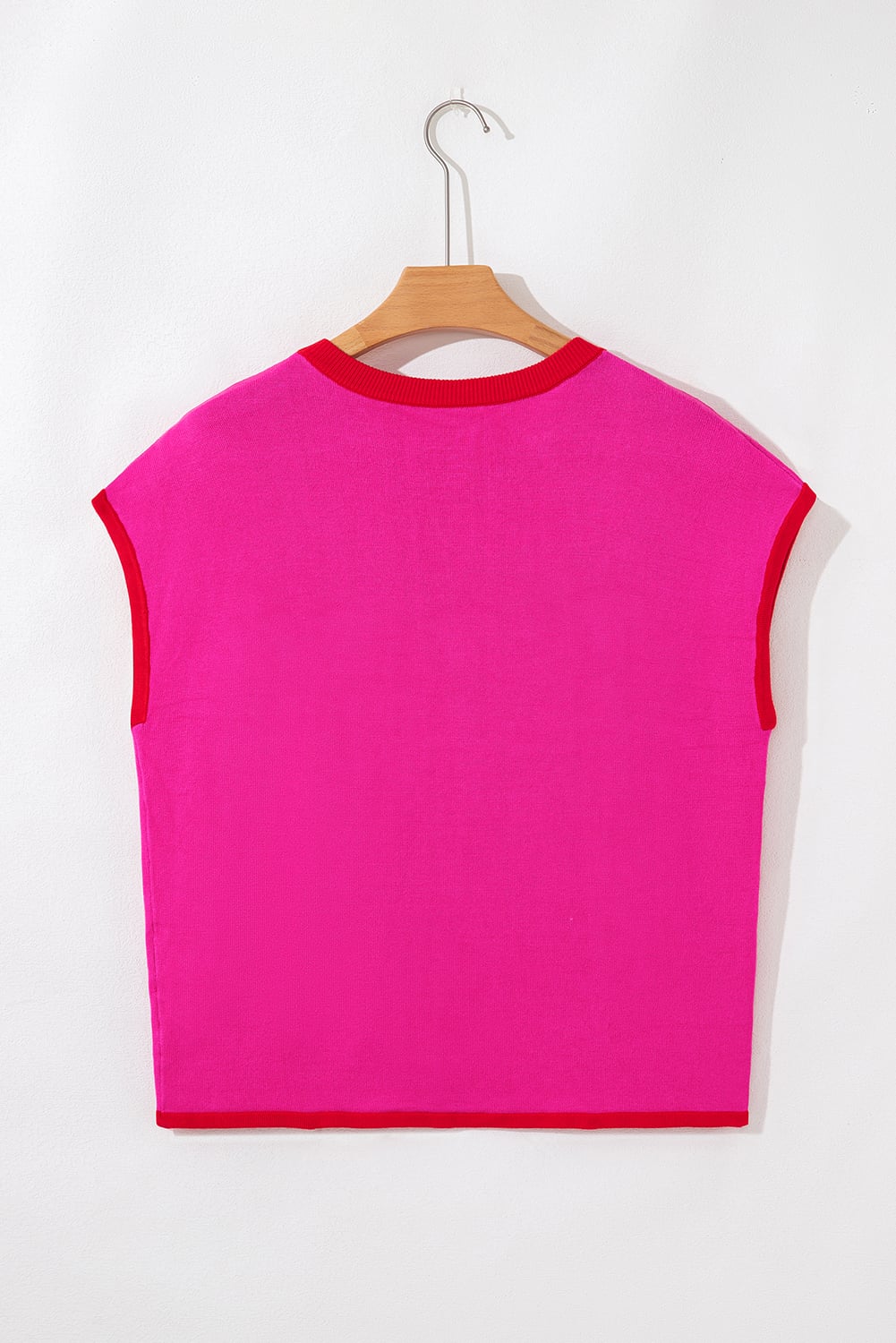 Rose Red Contrast Trim Round Neck Short Sleeve Loose Knit Sweater