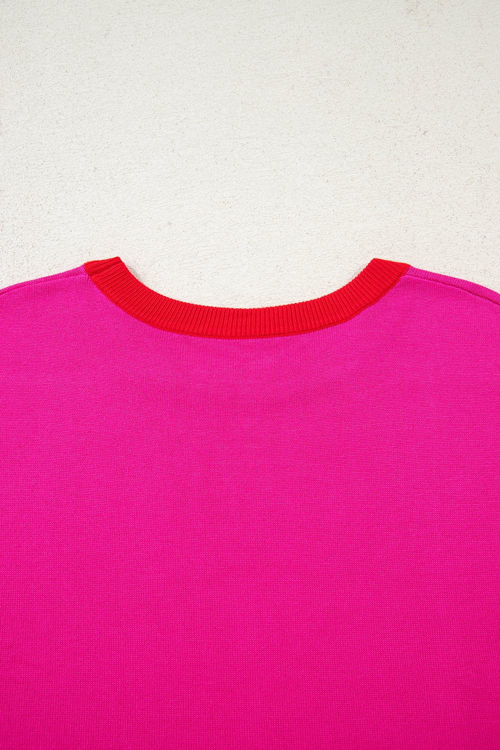 Rose Red Contrast Trim Round Neck Short Sleeve Loose Knit Sweater