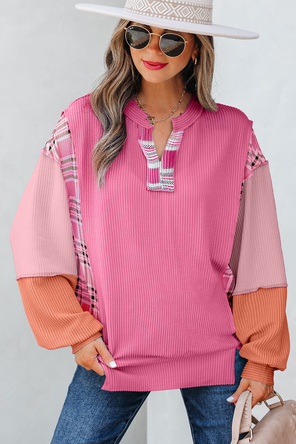 Rose Red Corded Texture Plaid Colorblock Patchwork Split Neck Long Sleeve Top