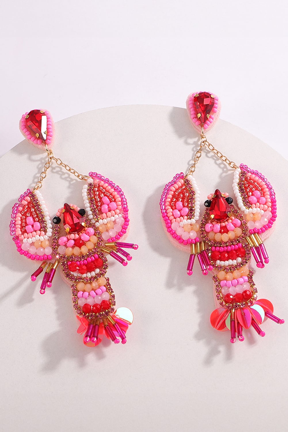 Rose Red Crystal Gem Beaded Crayfish Earrings