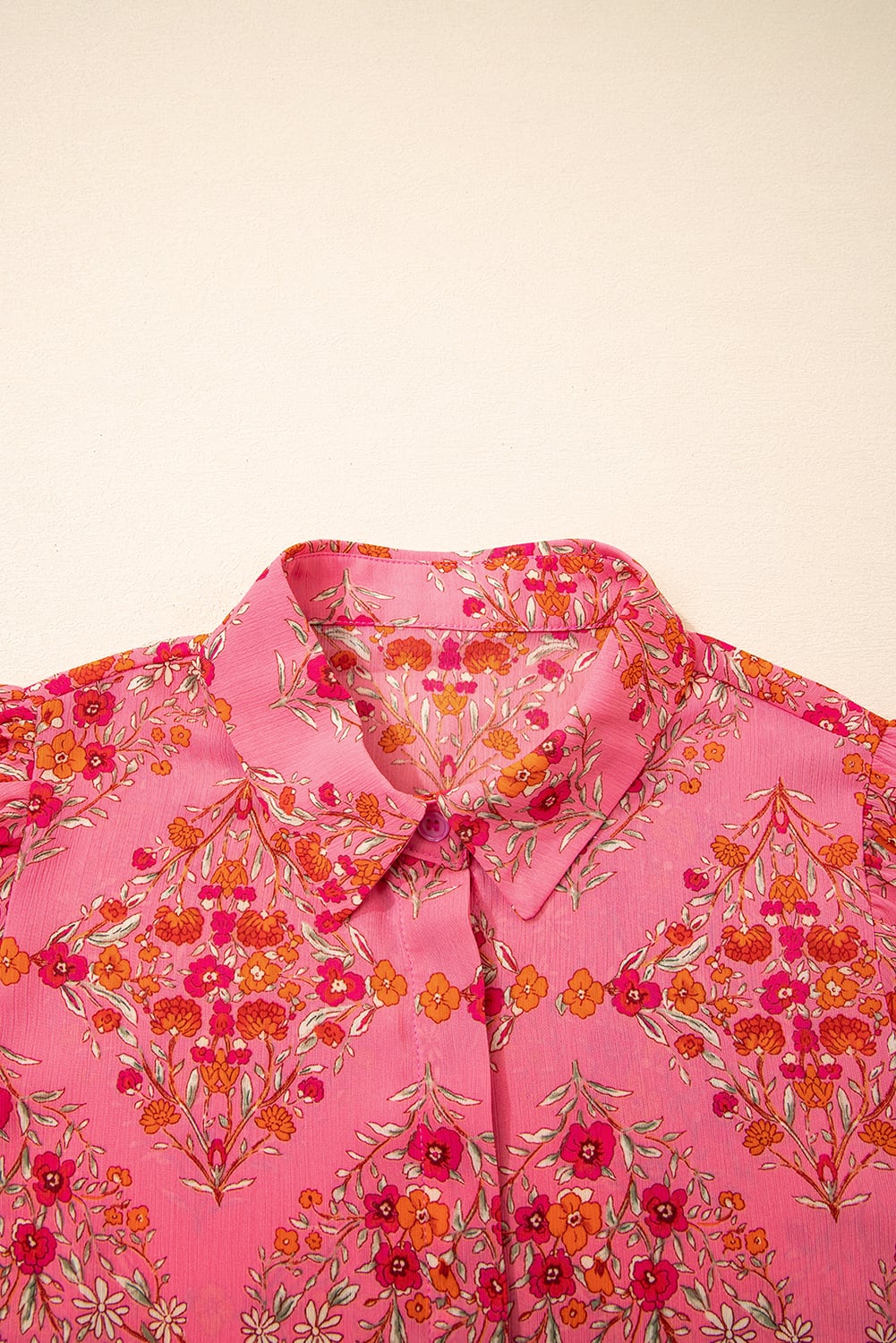Rose Red Floral Print Wide Short Sleeve Loose Shirt