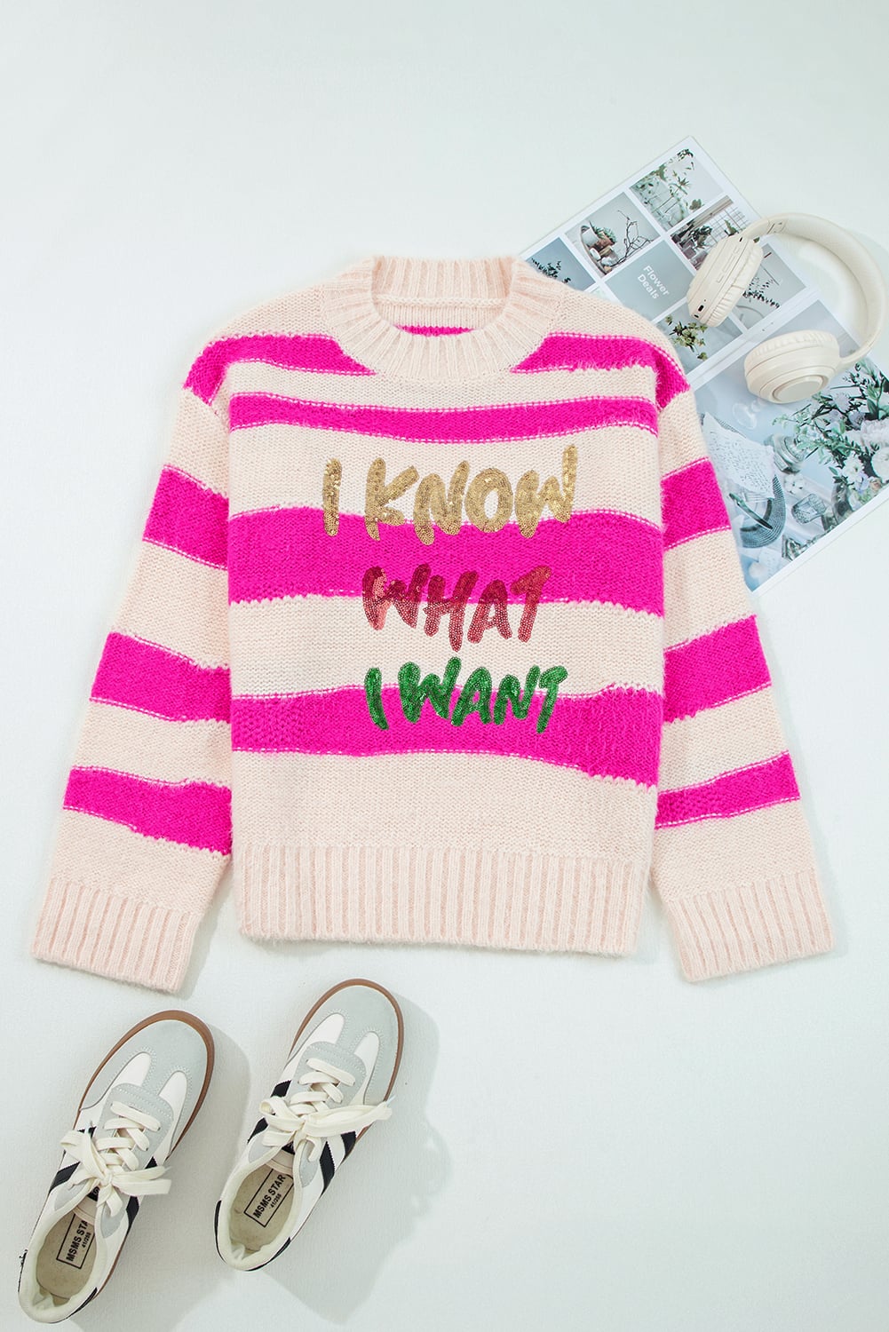Rose Red I KNOW WHAT I WANT Sequin Letter Graphic Colorblock Loose Sweater