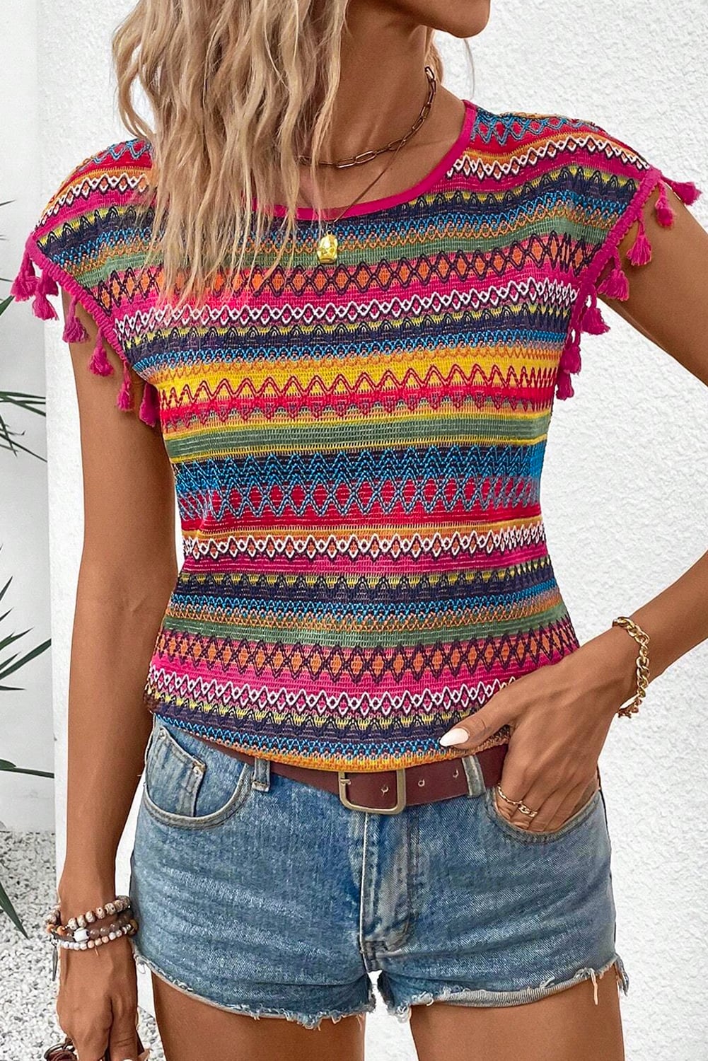 Rose Red Jacquard Textured Tasseled Cap Sleeve Top