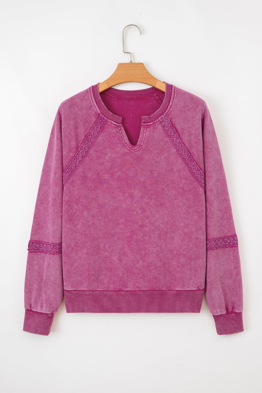 Rose Red Lace Patchwork Detail Notched Neck Mineral Wash Baggy Sweatshirt
