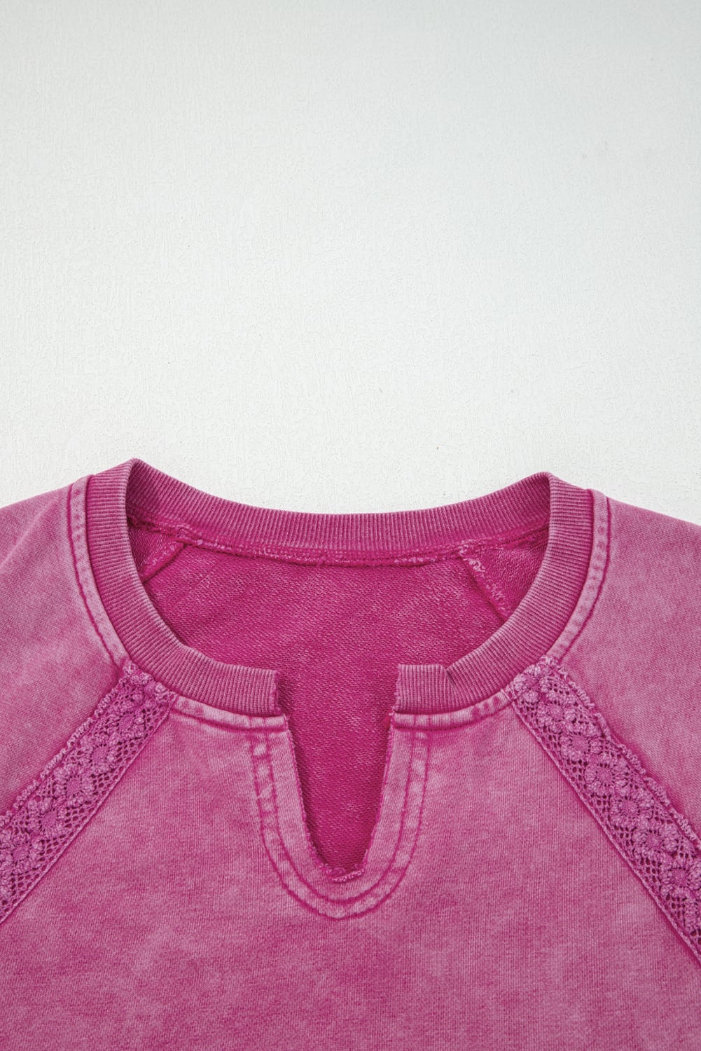 Rose Red Lace Patchwork Detail Notched Neck Mineral Wash Baggy Sweatshirt