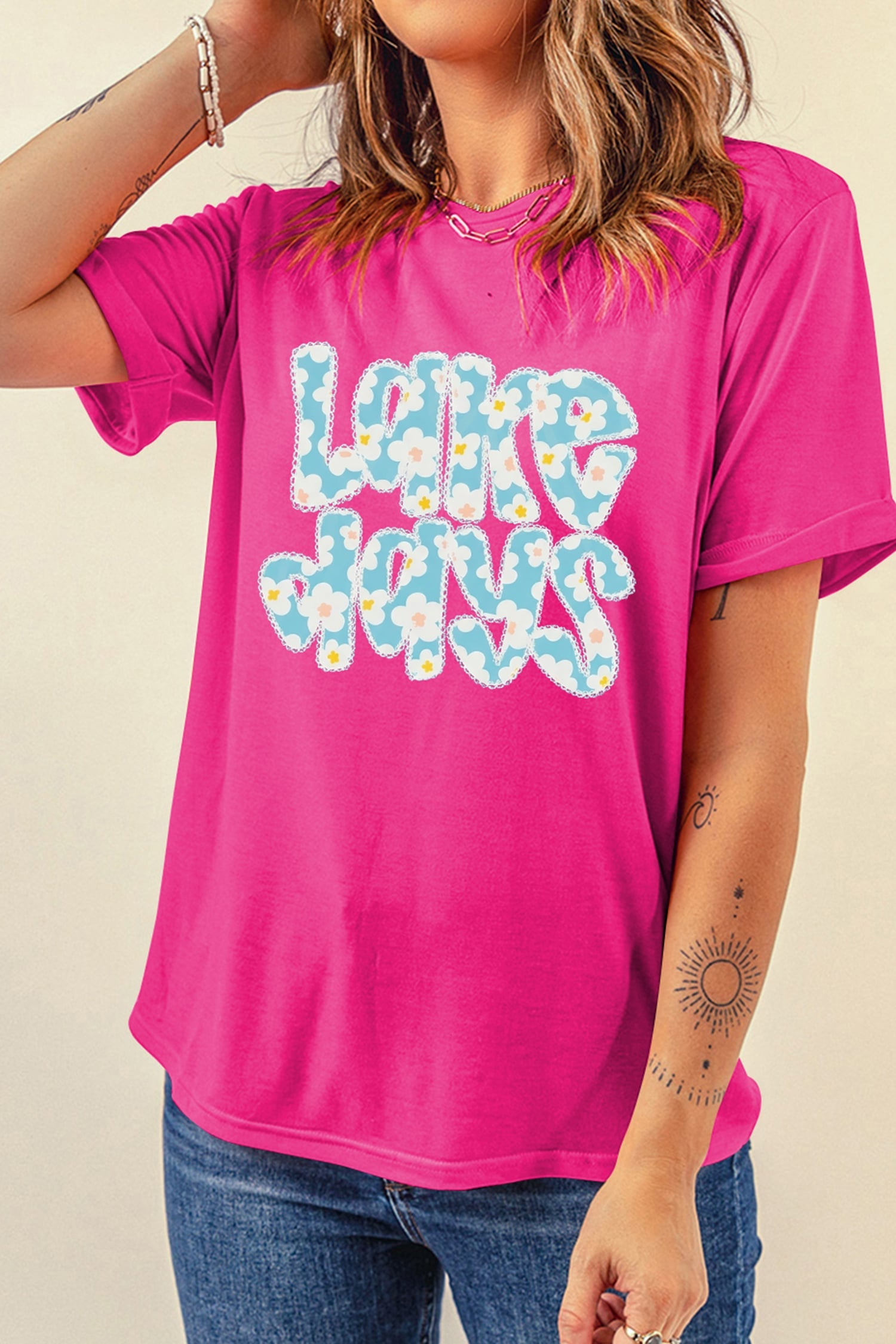 Rose Red LAKE DAYS Floral Lettering T Shirt
