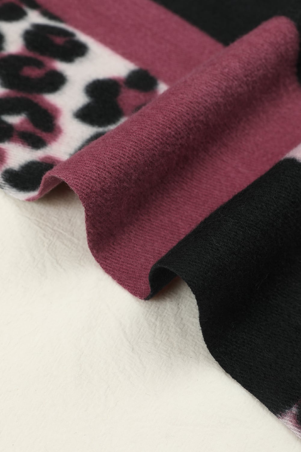 Rose Red Leopard Color Block Print Tassel Trim Terylene Scarf
