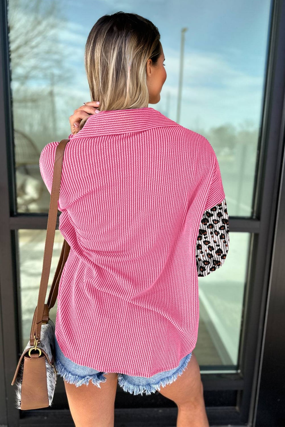 Rose Red Leopard Patched Twisted Ribbed Western Casual Shacket