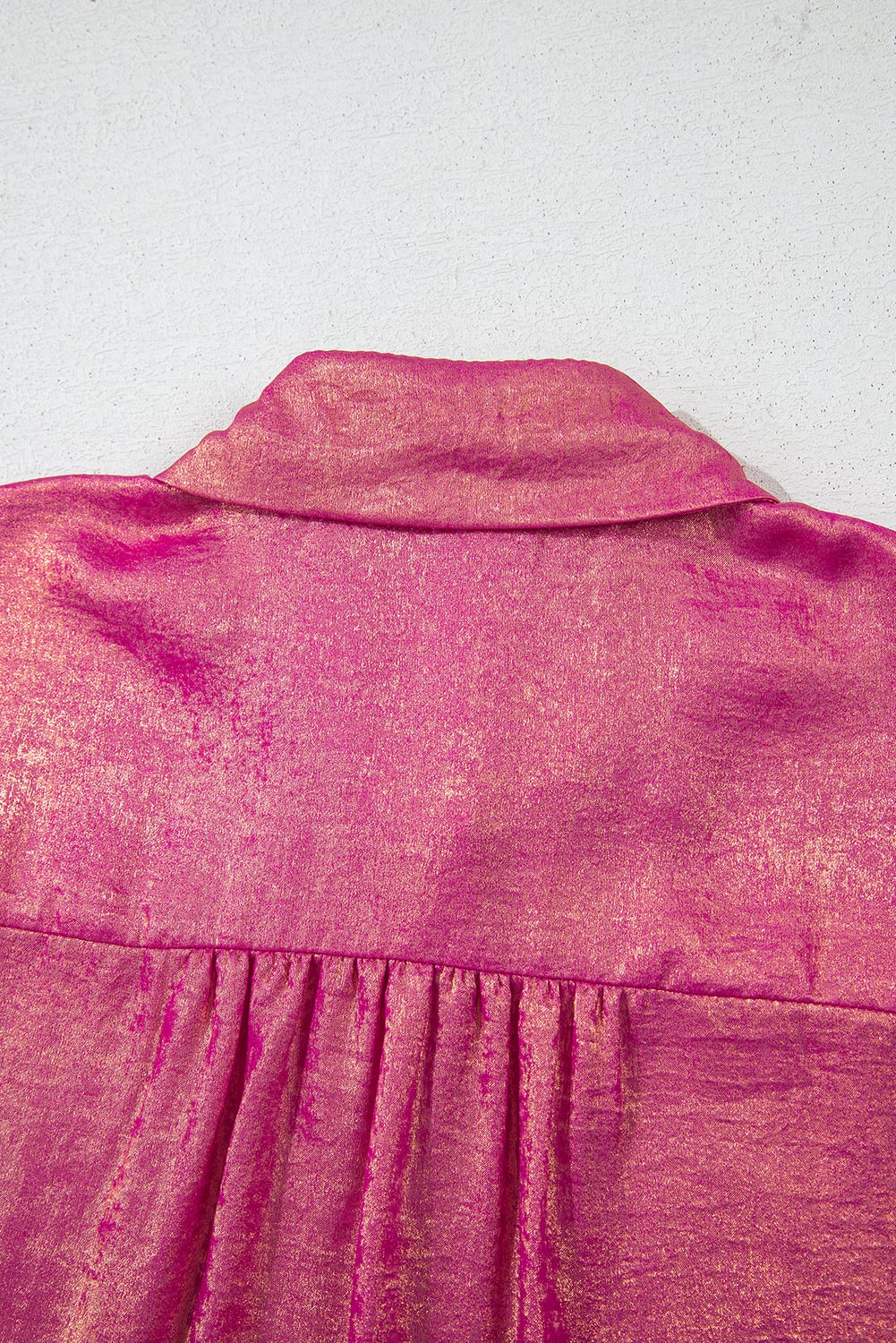 Rose Red Metallic Sheen Short Sleeve Buttoned Front Casual Shirt