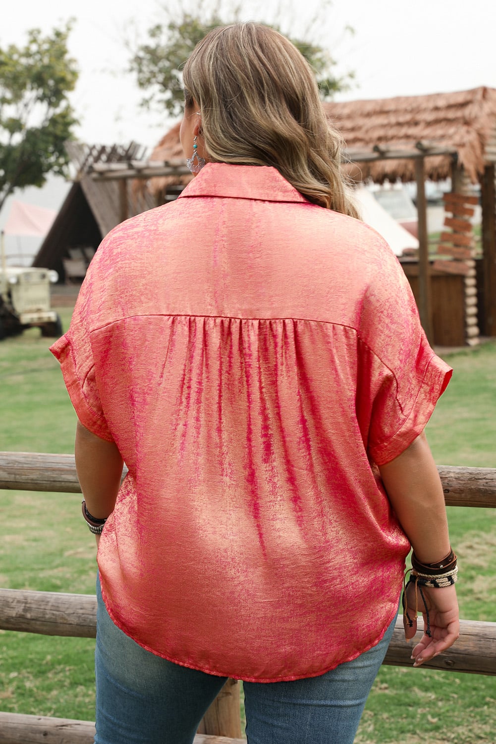 Rose Red Plus Size Metallic Sheen Short Sleeve Button Up Shirt