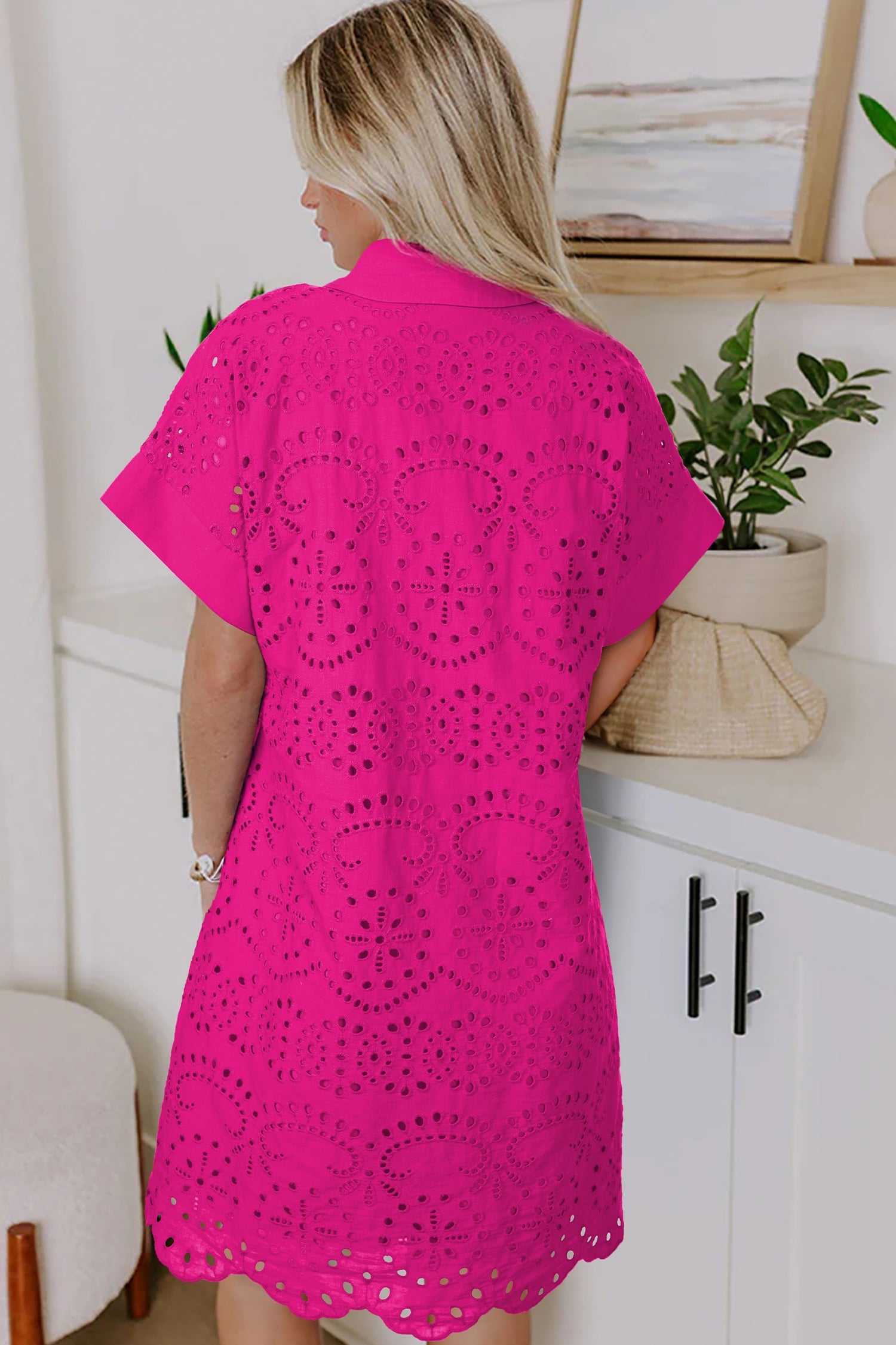 Rose Red Solid Color Eyelet Embroidered T Shirt Mini Dress