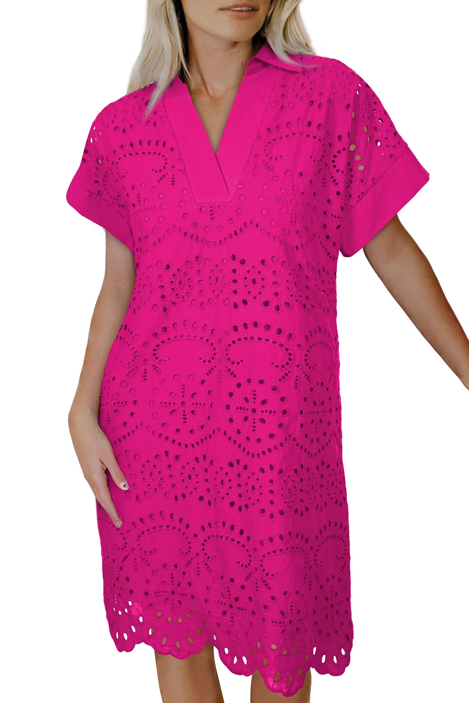 Rose Red Solid Color Eyelet Embroidered T Shirt Mini Dress