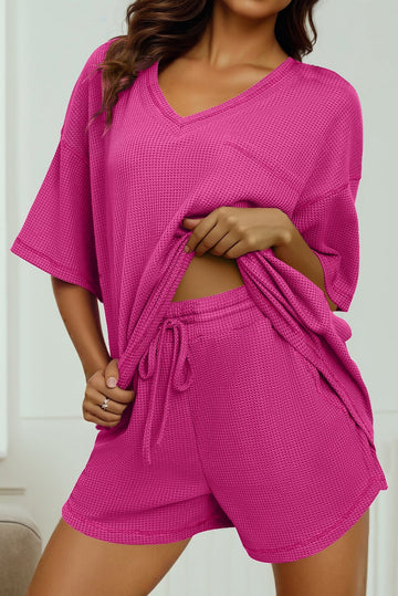 Rose Red Solid Color Waffled V Neck Loose Tee Drawstring Shorts Set