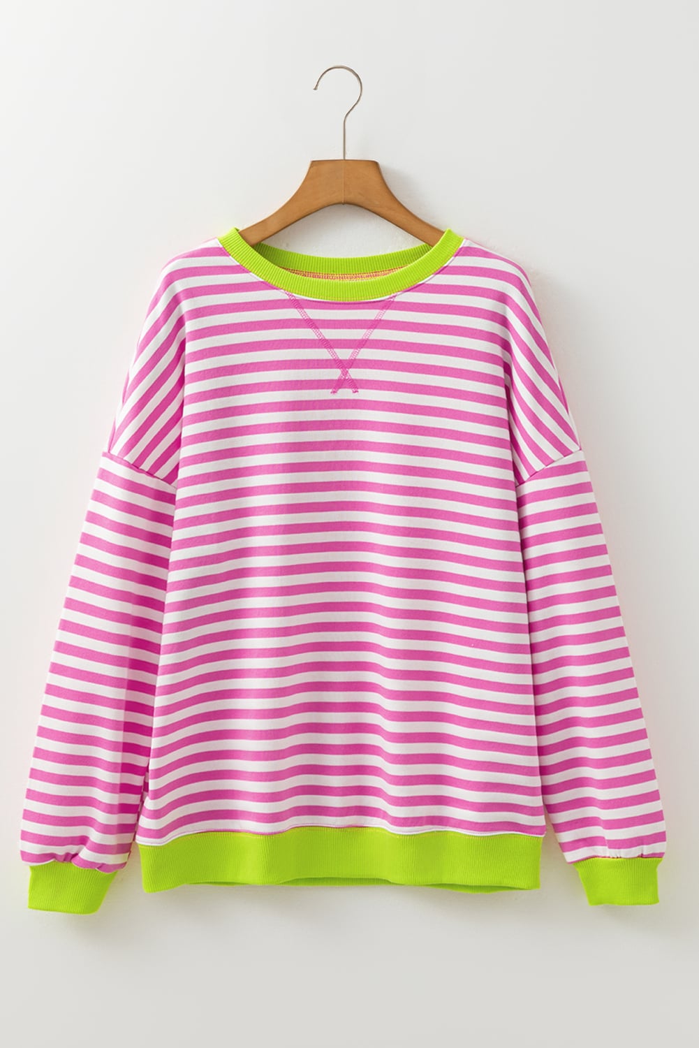 Rose Red Striped Contrast Ribbed Trim Crossed Stitch Drop Shoulder Sweatshirt