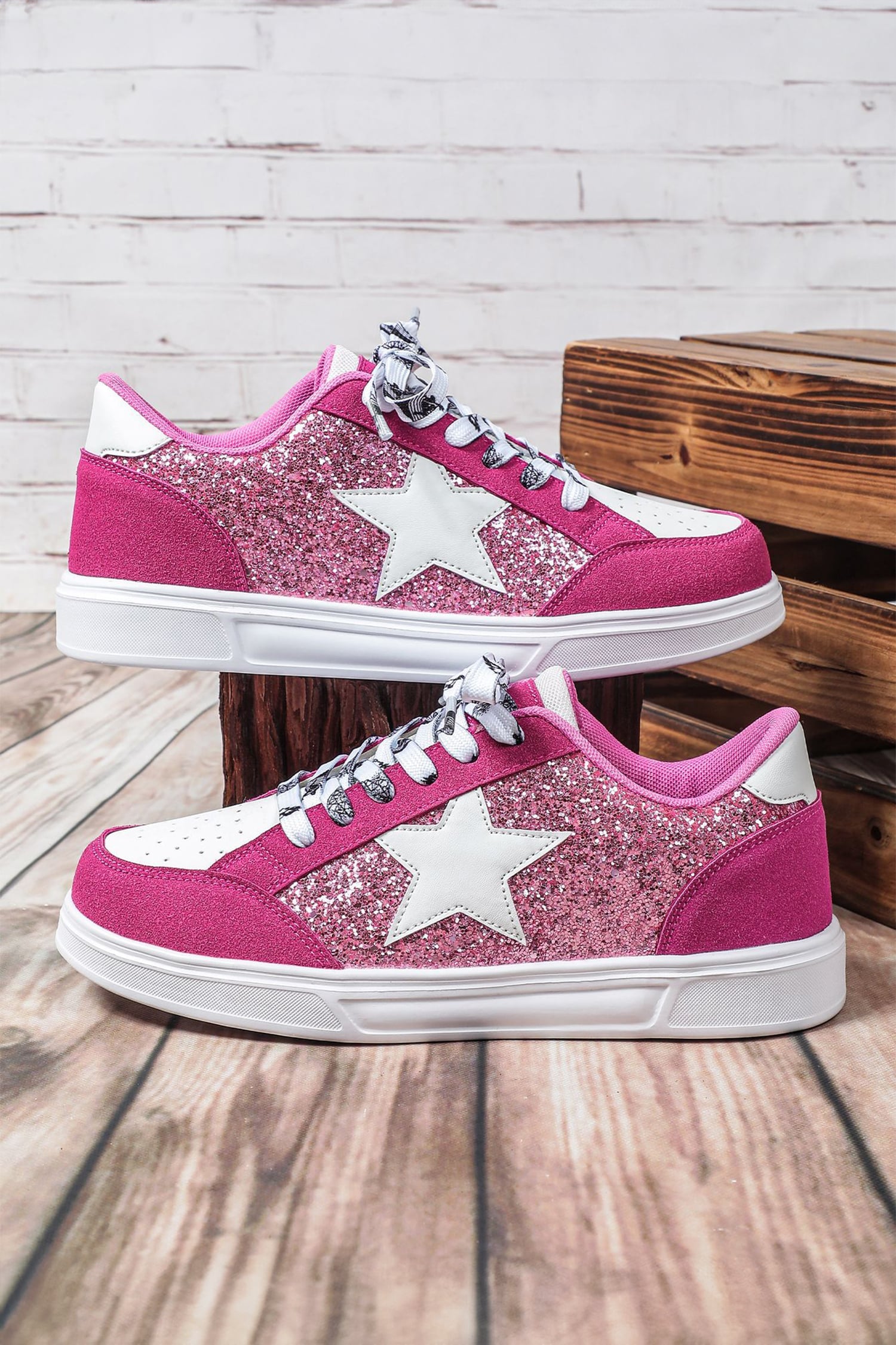 Rose Red Stylish Color Block Glitter Star Patchwork Lace-up Flat Shoes