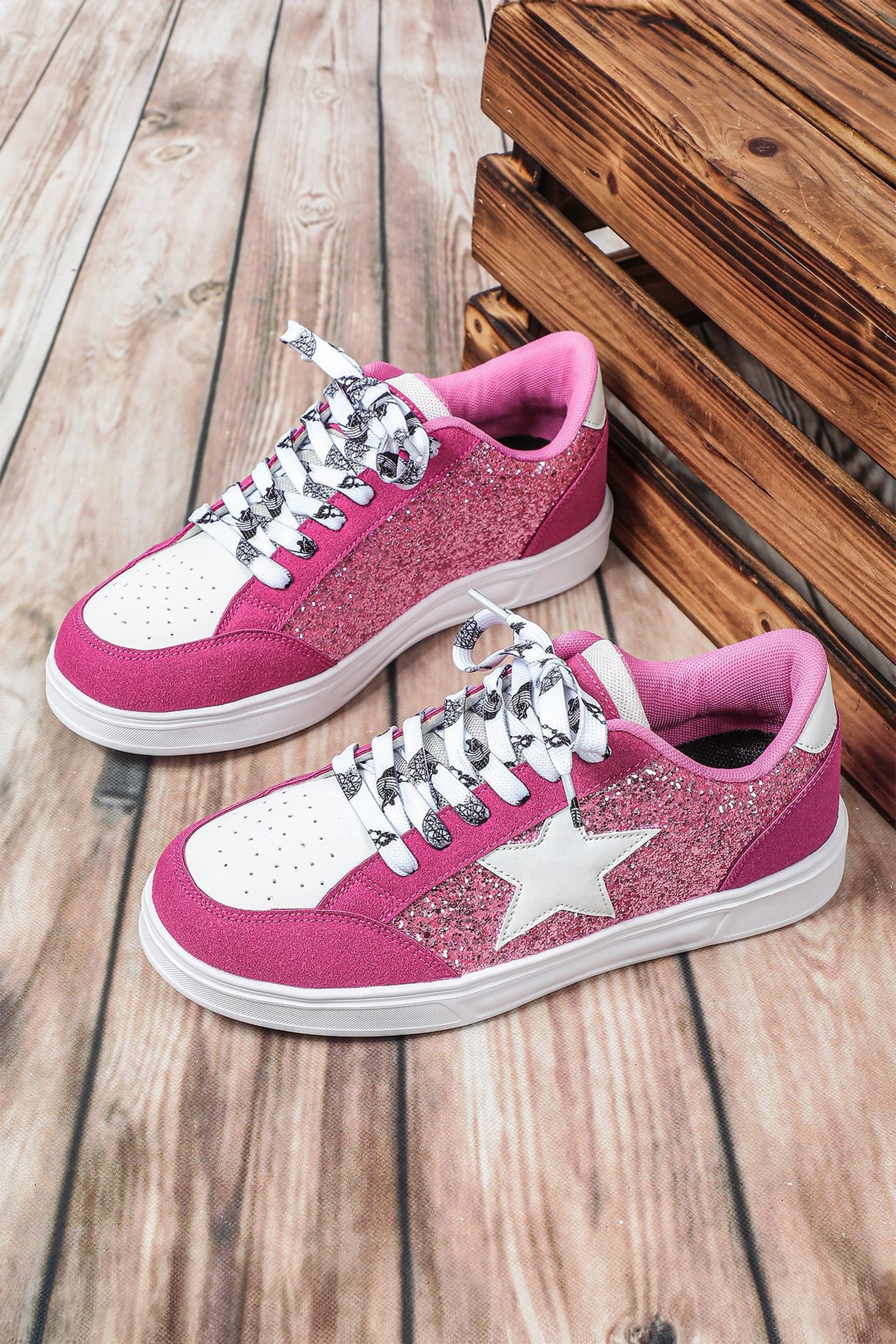 Rose Red Stylish Color Block Glitter Star Patchwork Lace-up Flat Shoes
