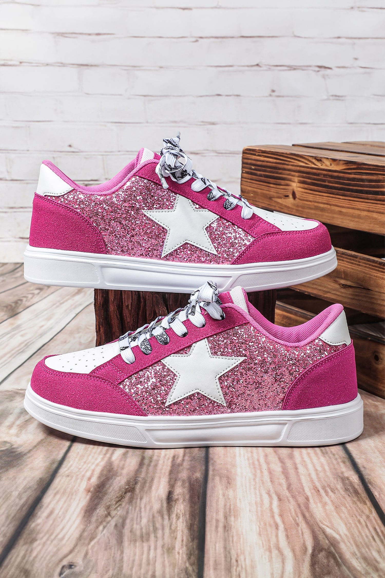 Rose Red Stylish Color Block Glitter Star Patchwork Lace-up Flat Shoes