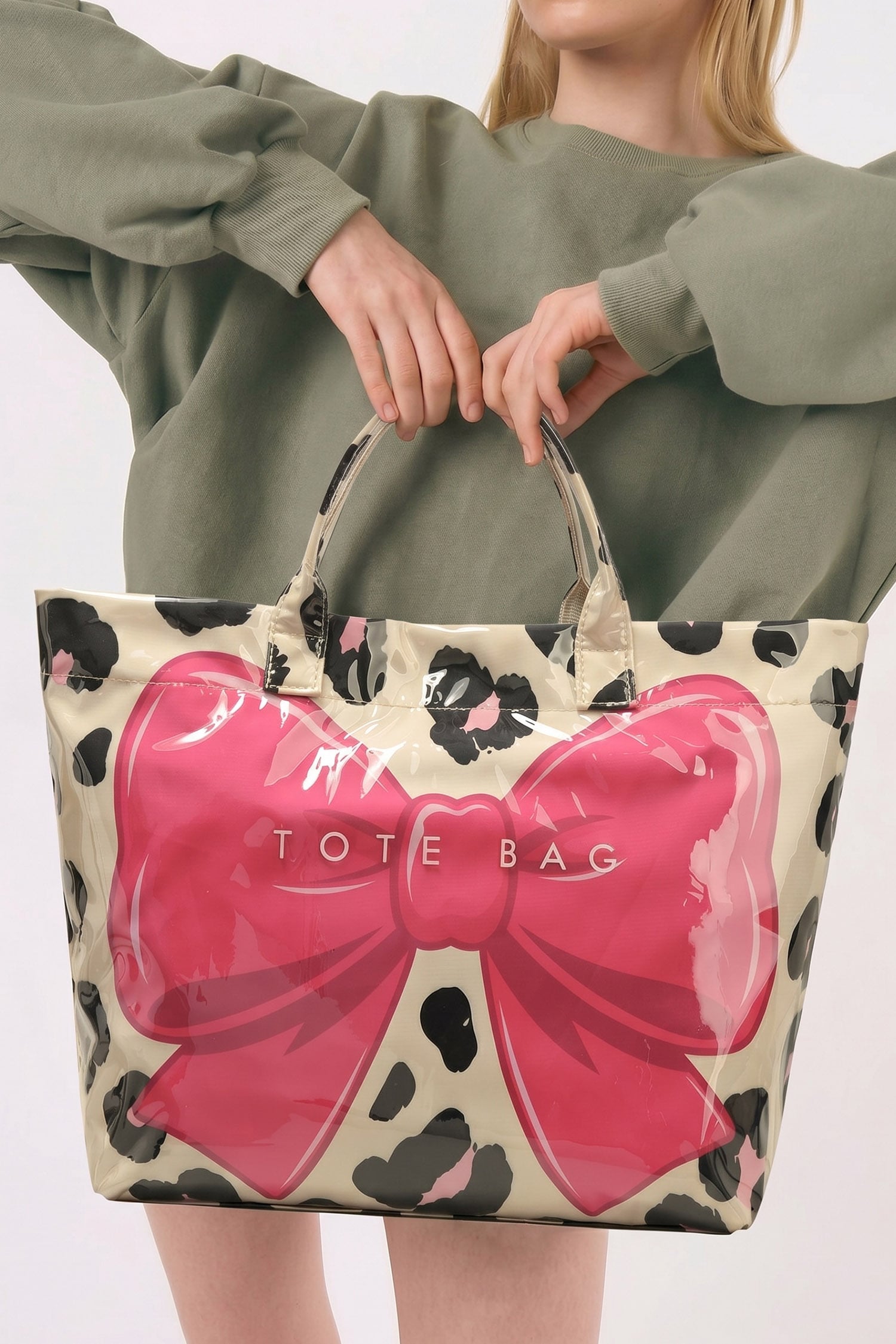 Rose Red Sweet Bow Leopard Print Sleek PVC Tote Bag