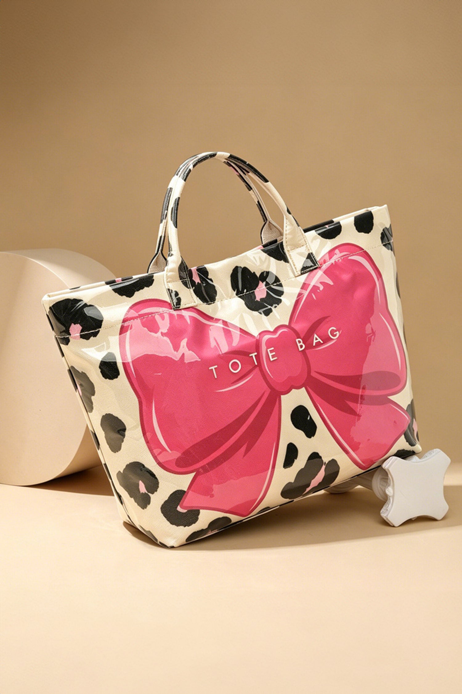 Rose Red Sweet Bow Leopard Print Sleek PVC Tote Bag