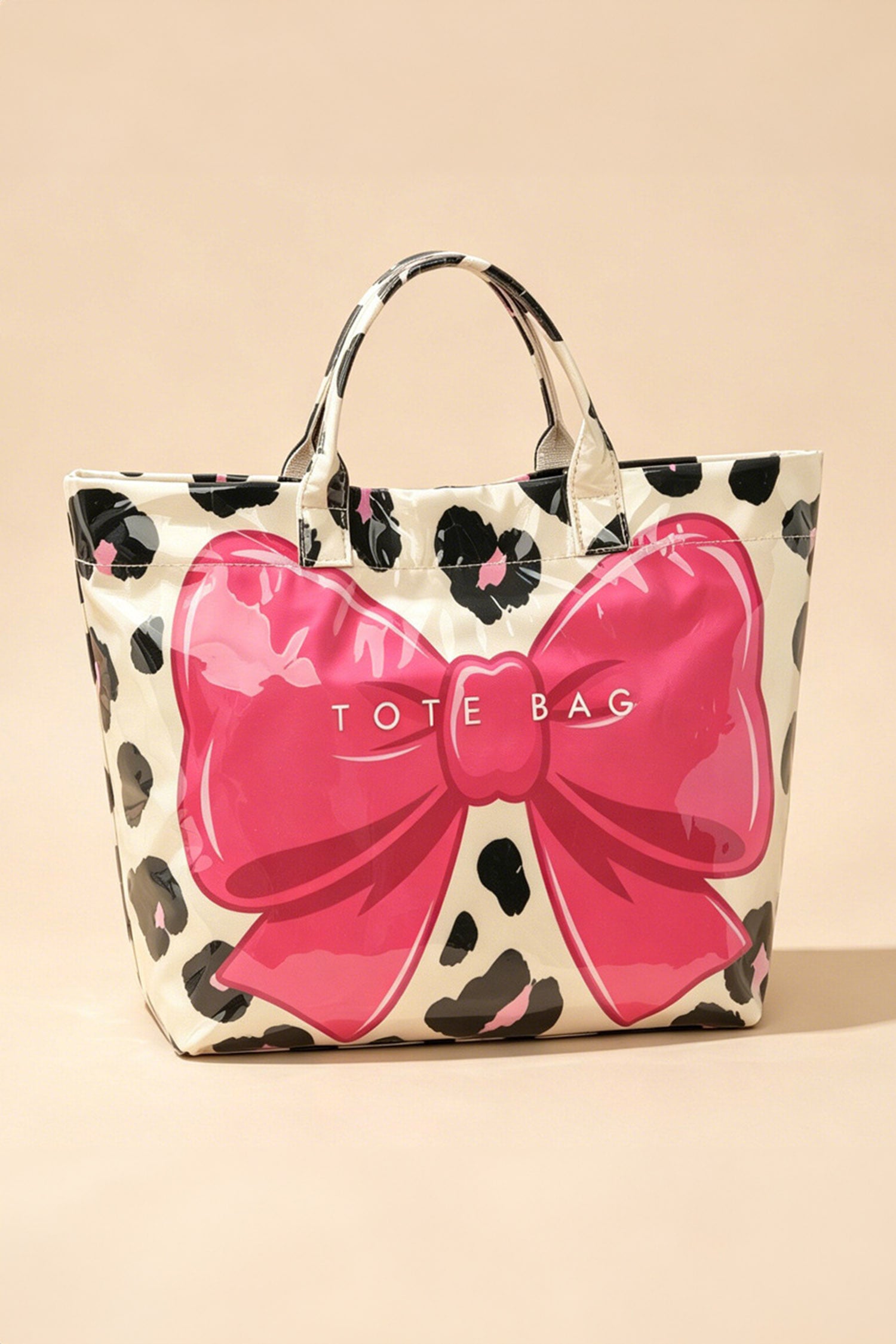 Rose Red Sweet Bow Leopard Print Sleek PVC Tote Bag