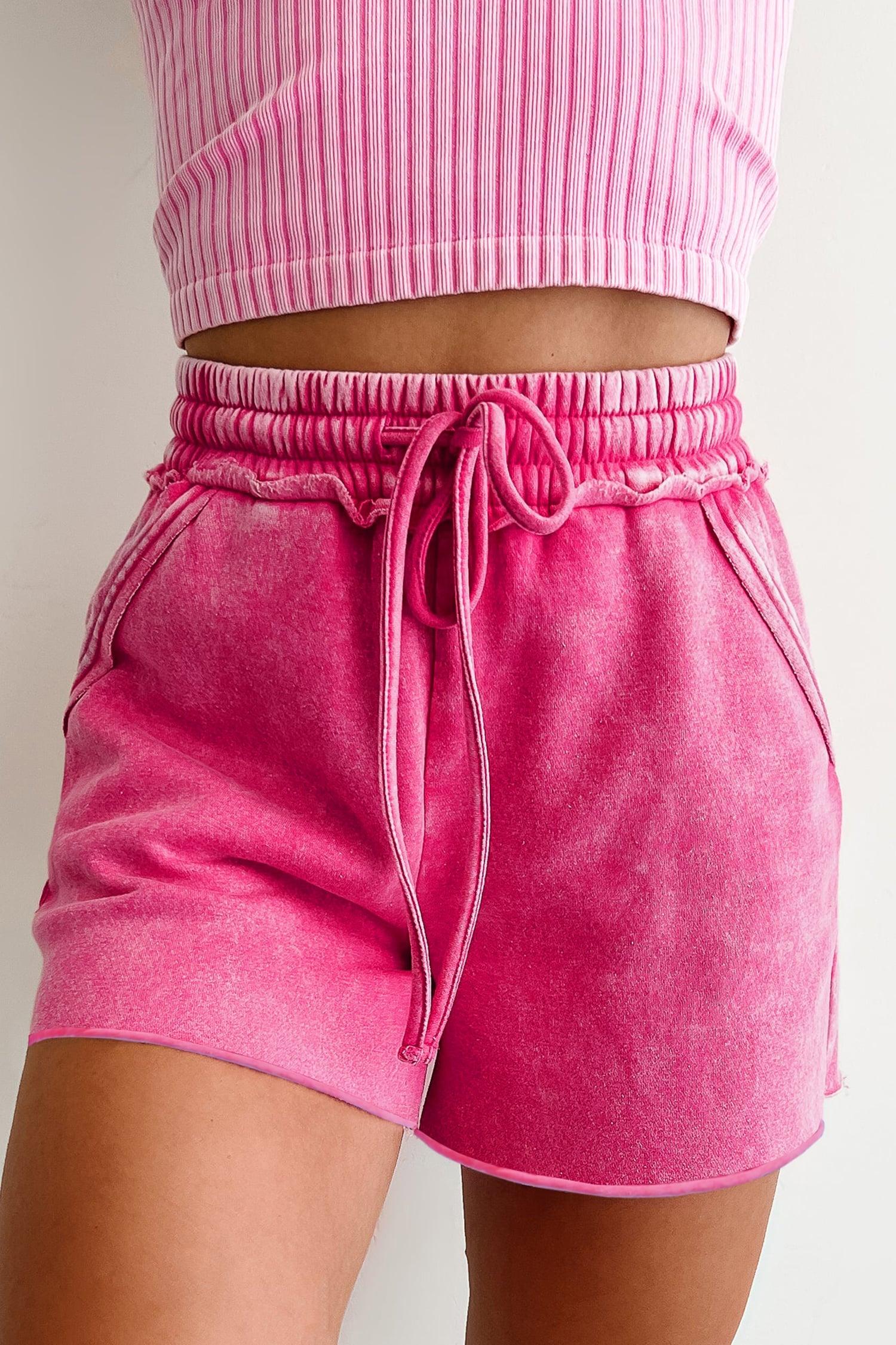 Rose Red Mineral Washed Drawstring Elastic Waist Raw Cut Shorts