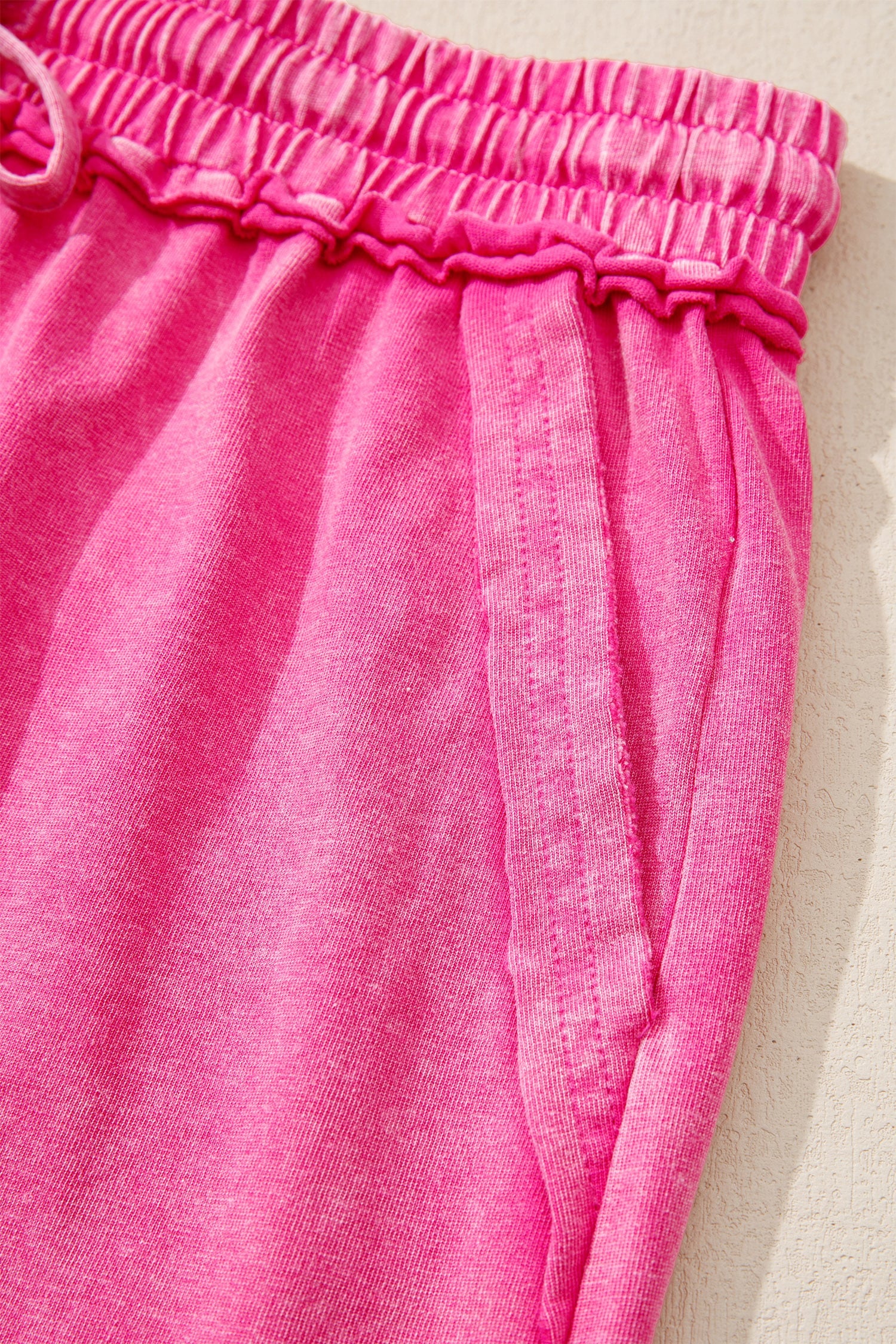 Rose Red Mineral Washed Drawstring Elastic Waist Raw Cut Shorts