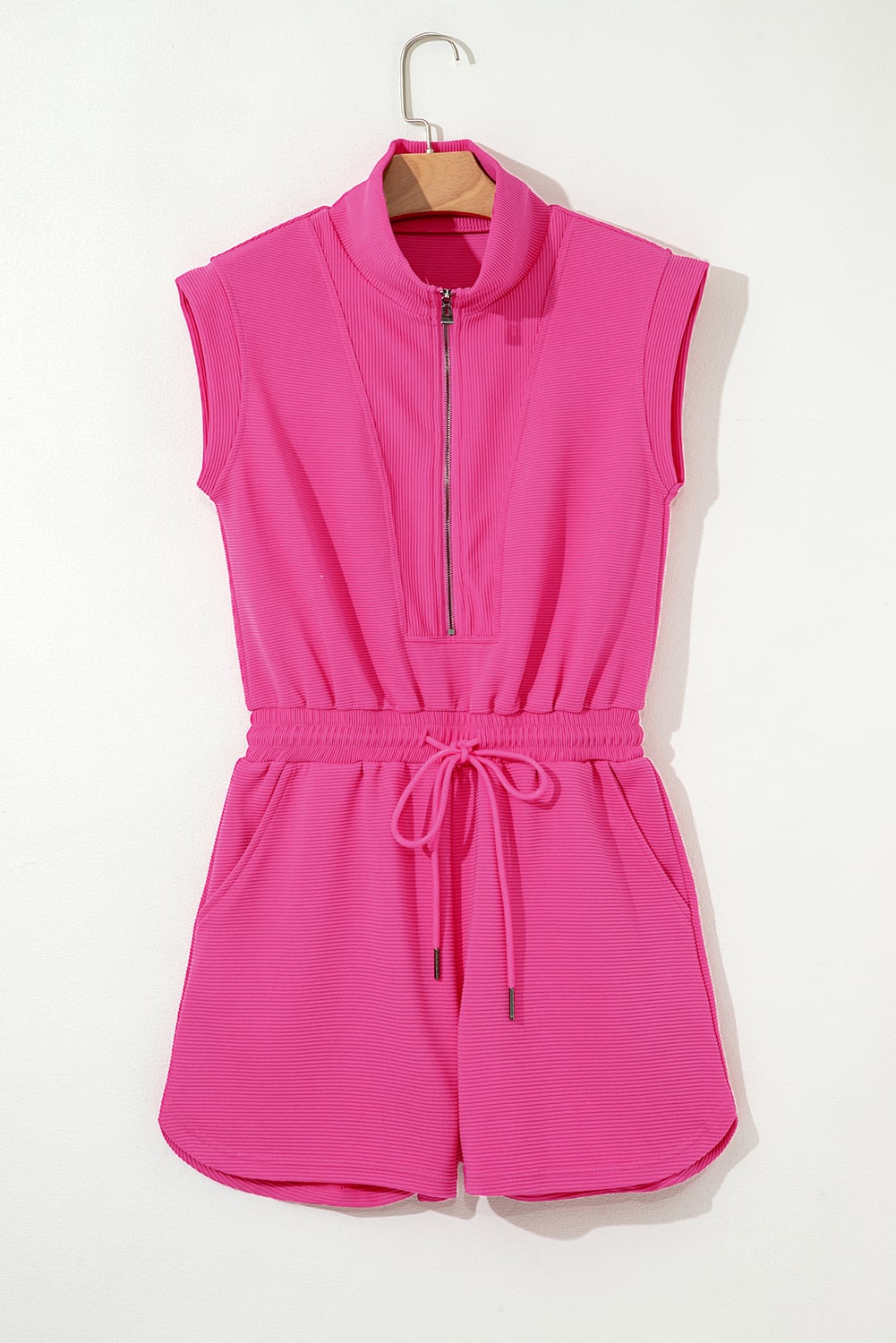 Rose Red Textured Short Sleeve Half Zip Drawstring Elastic Waistband Romper