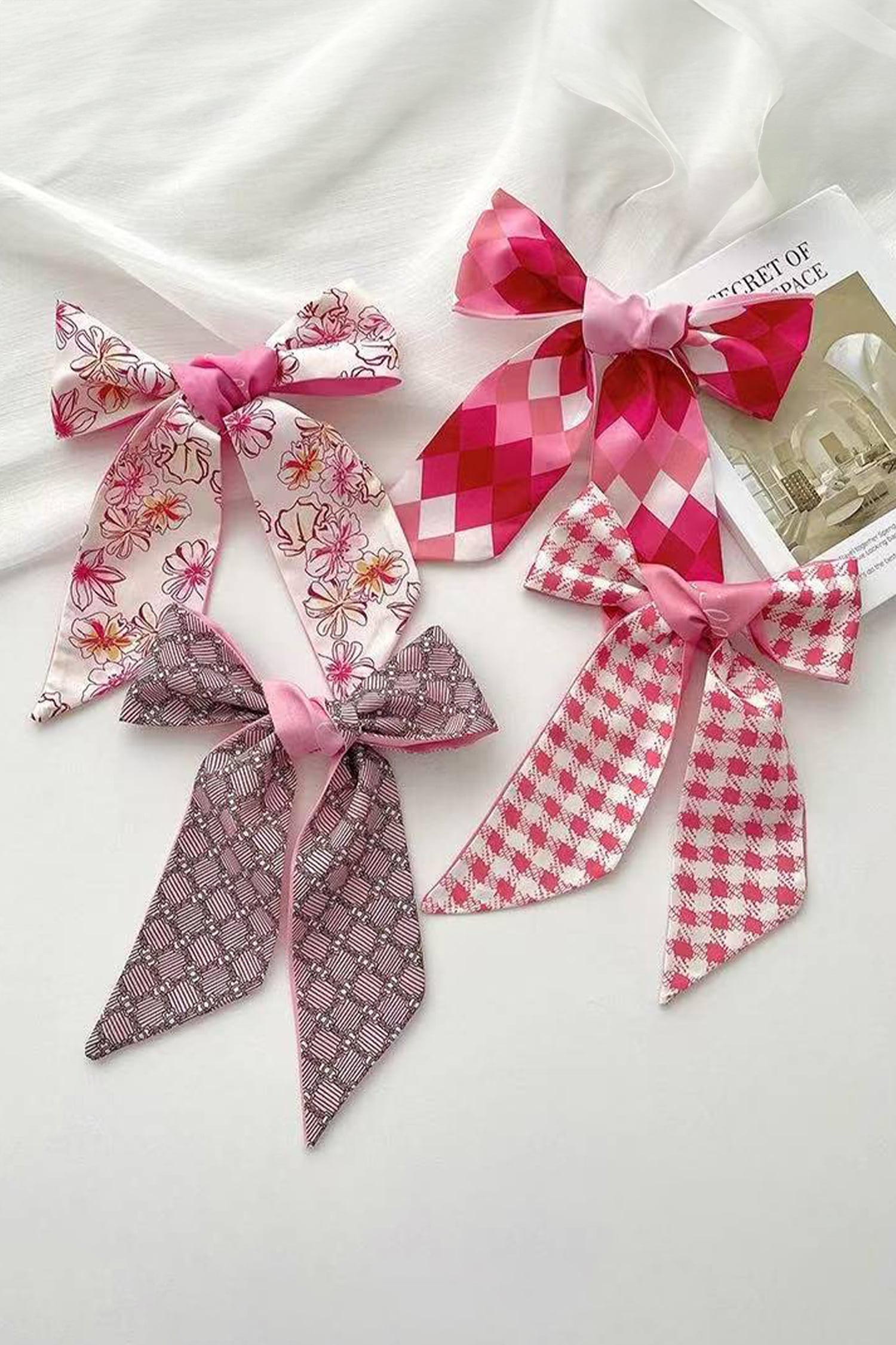 Rose Red Valentines Day Sweet Rhombus Print Ribbon Hair Band Silky Scarf