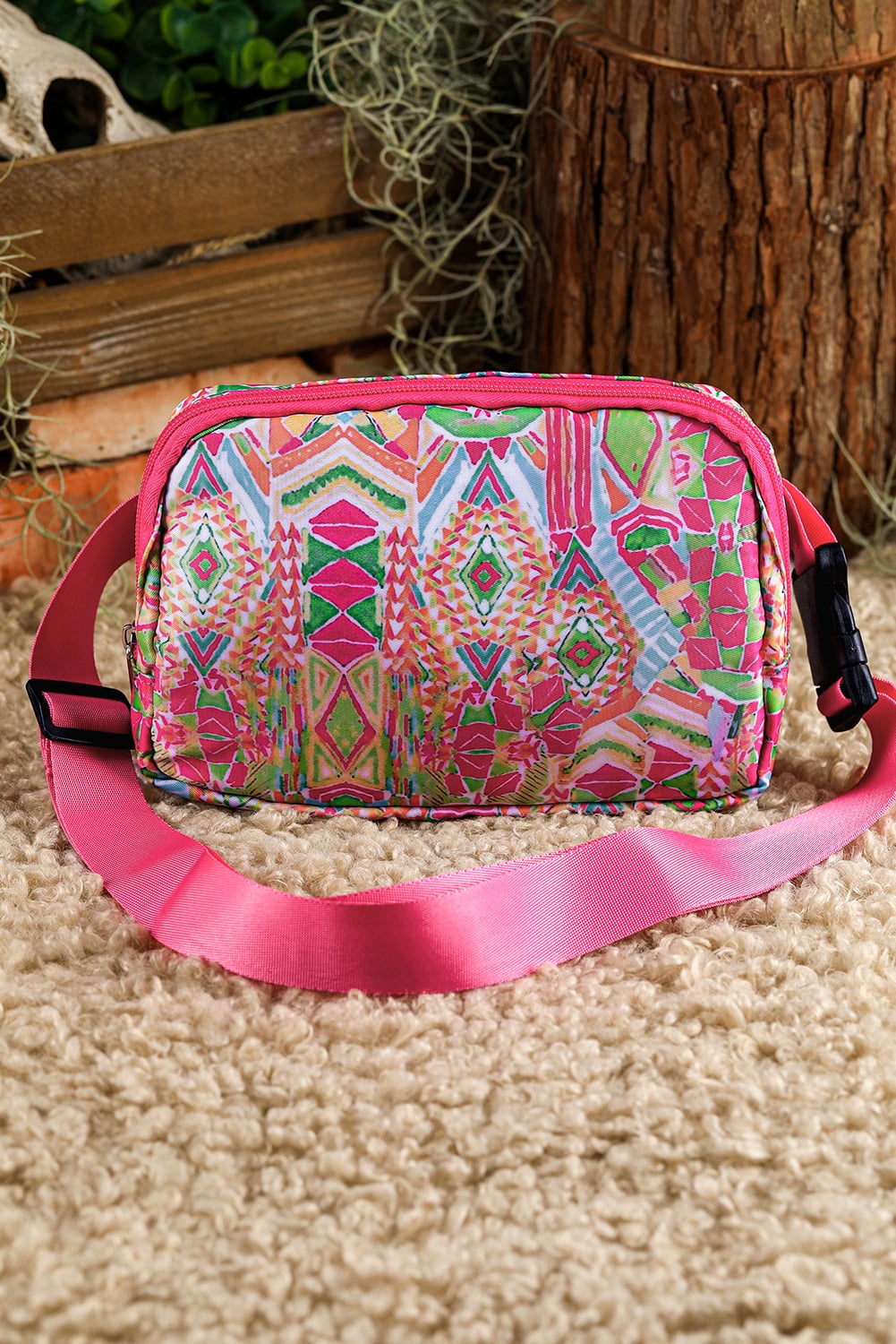 Rose Red Western Print Buckle Wide Belt Chest Bag