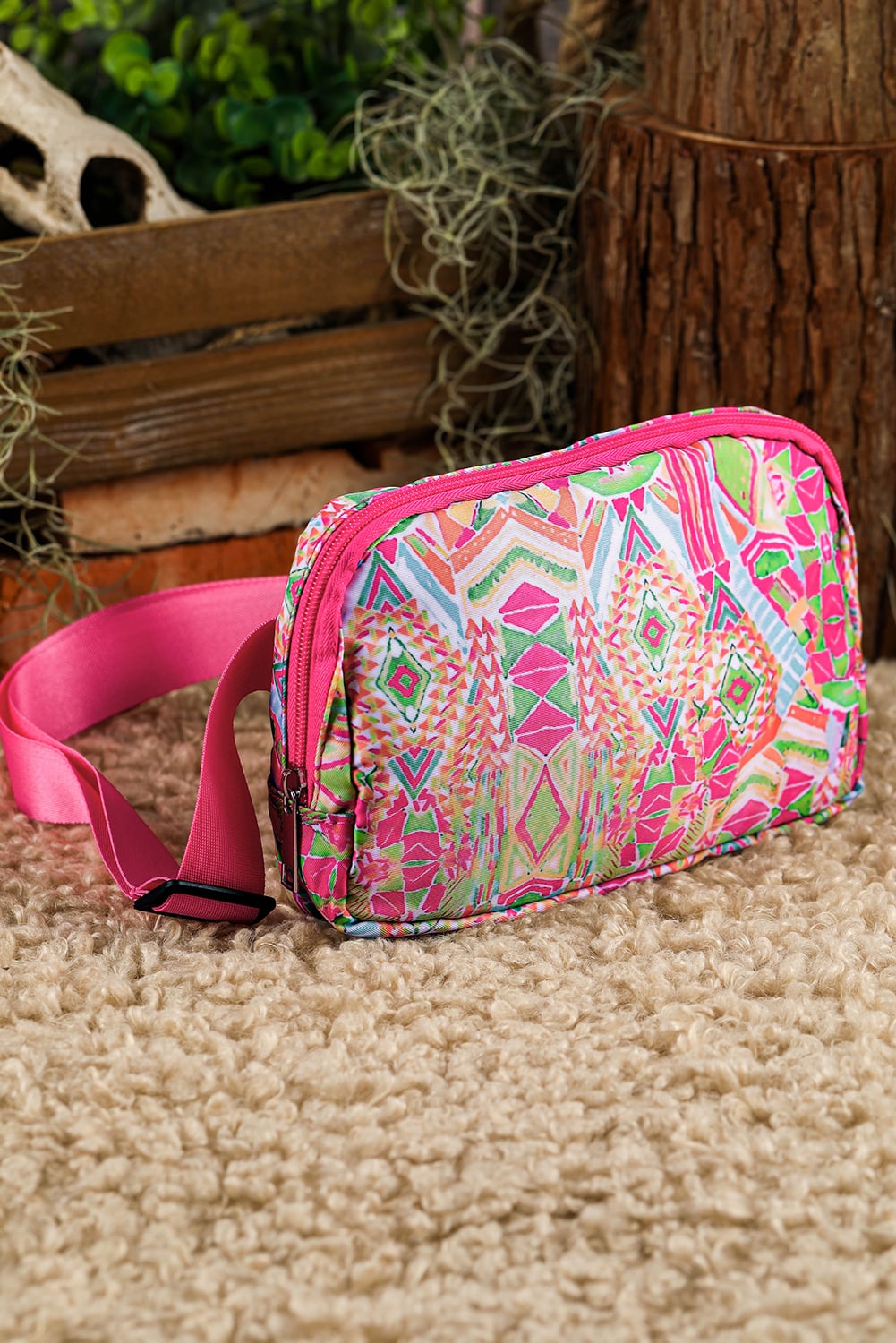Rose Red Western Print Buckle Wide Belt Chest Bag