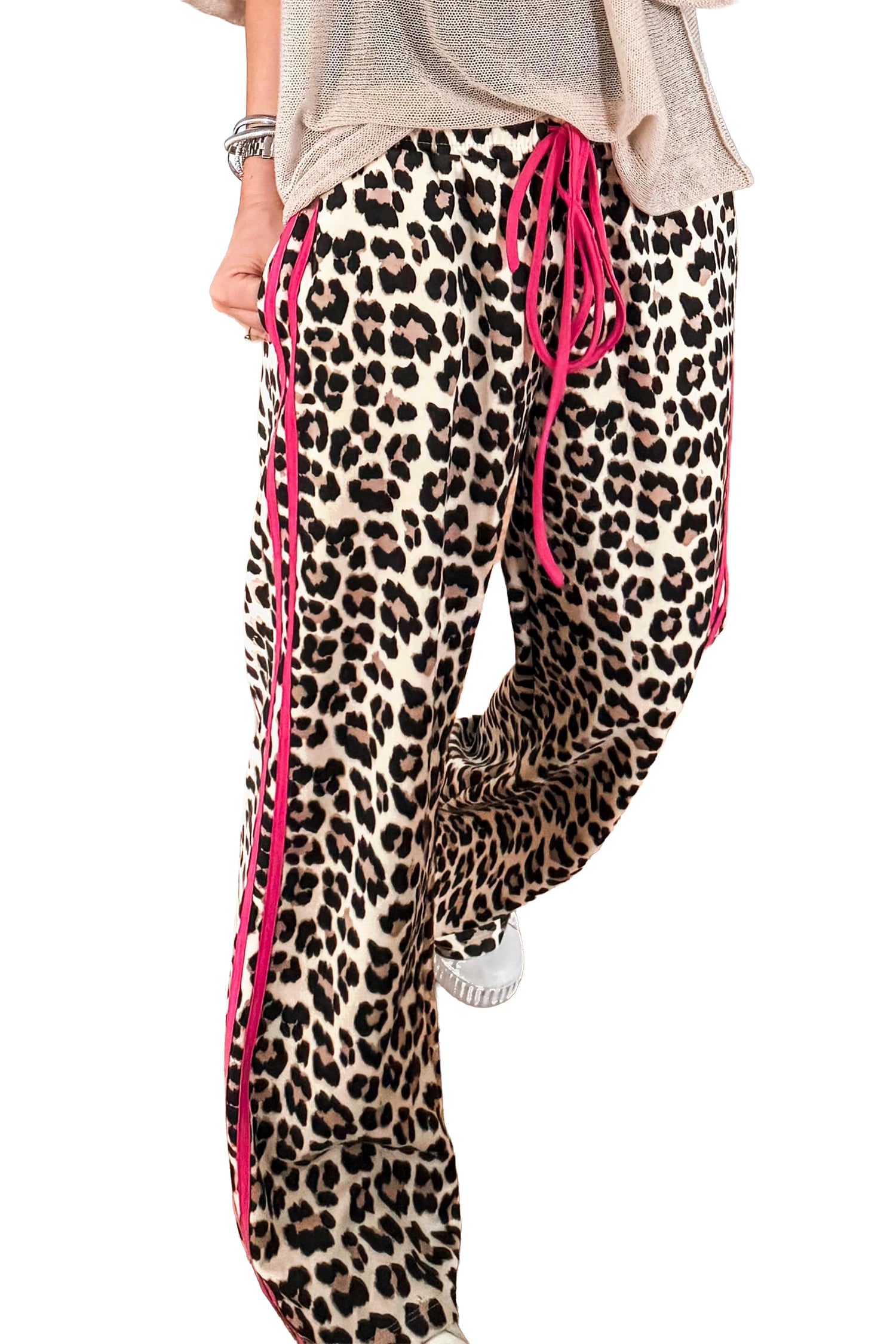 Rose Contrast Detail Tie Waist Leopard Print Casual Pants