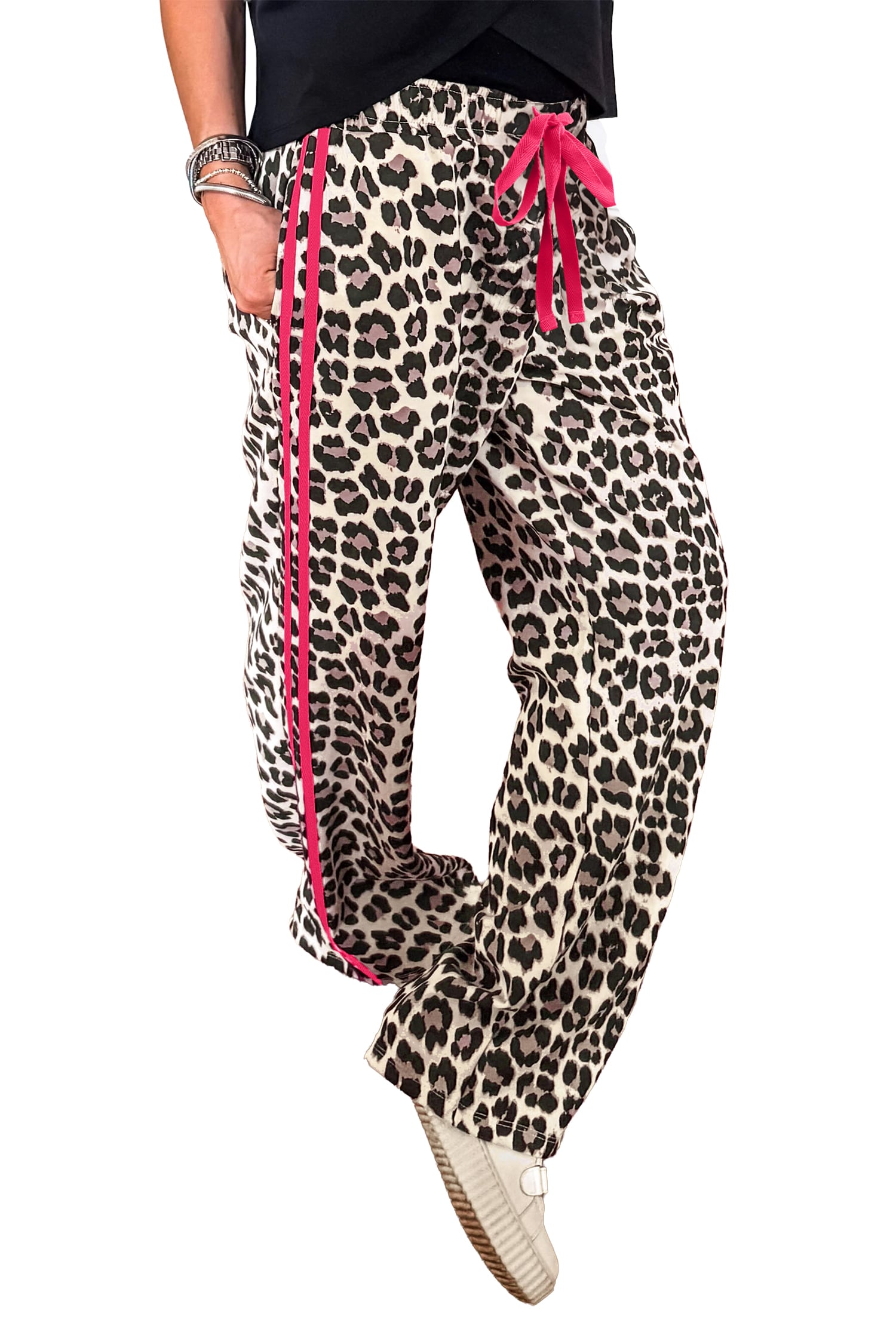 Rose Contrast Detail Tie Waist Leopard Print Casual Pants